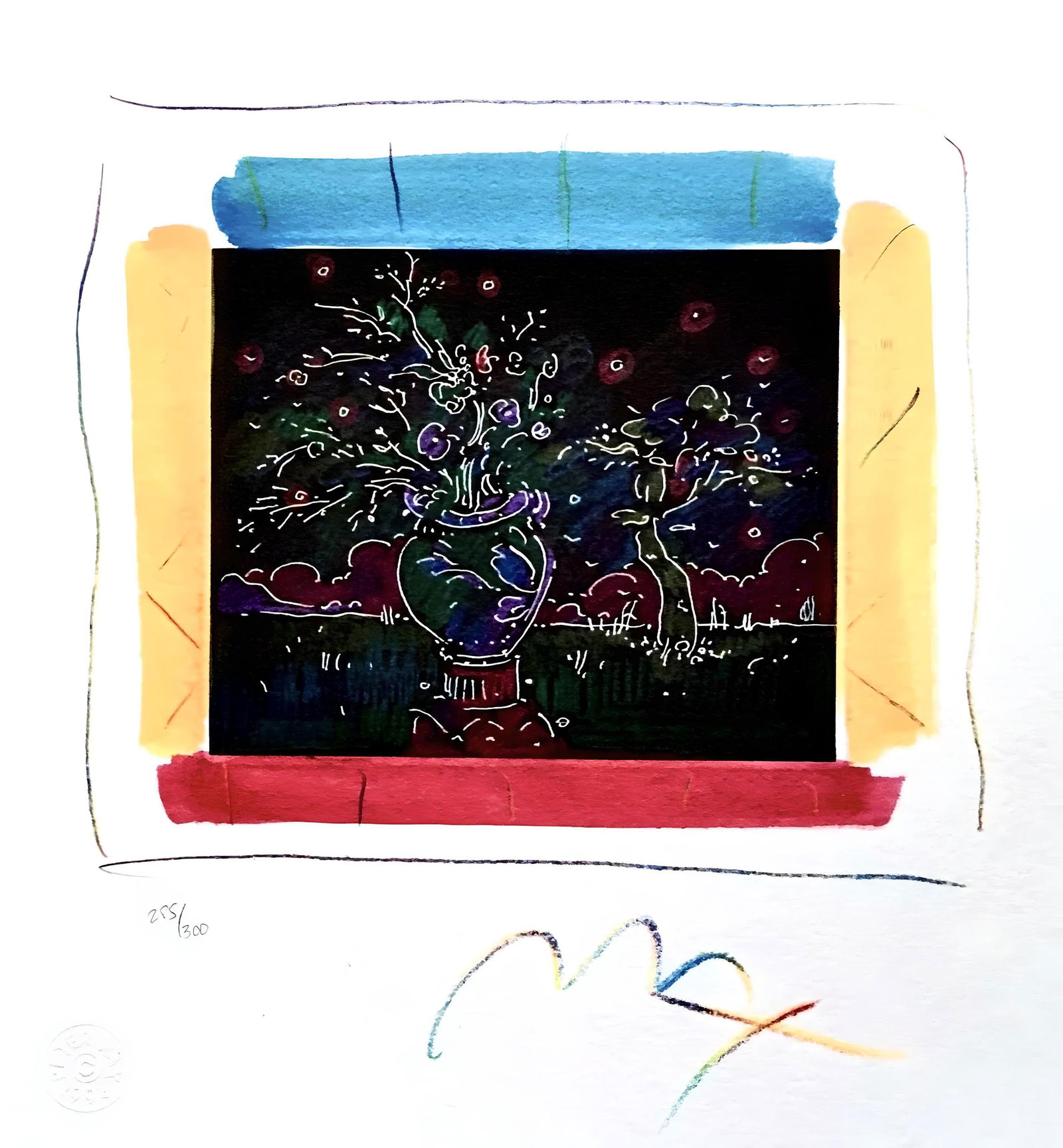 Peter Max, Dream I: The Blossoming, Hand Signed, Official Limited Edition Lithograph: Lithograph in colors on Coventry Smooth paper. Paper size: 10 x 9.25 inches. Inscription: Hand signed by Peter Max and numbered, as issued. Condition: Excellent. Notes: Published and printed by Via Ma