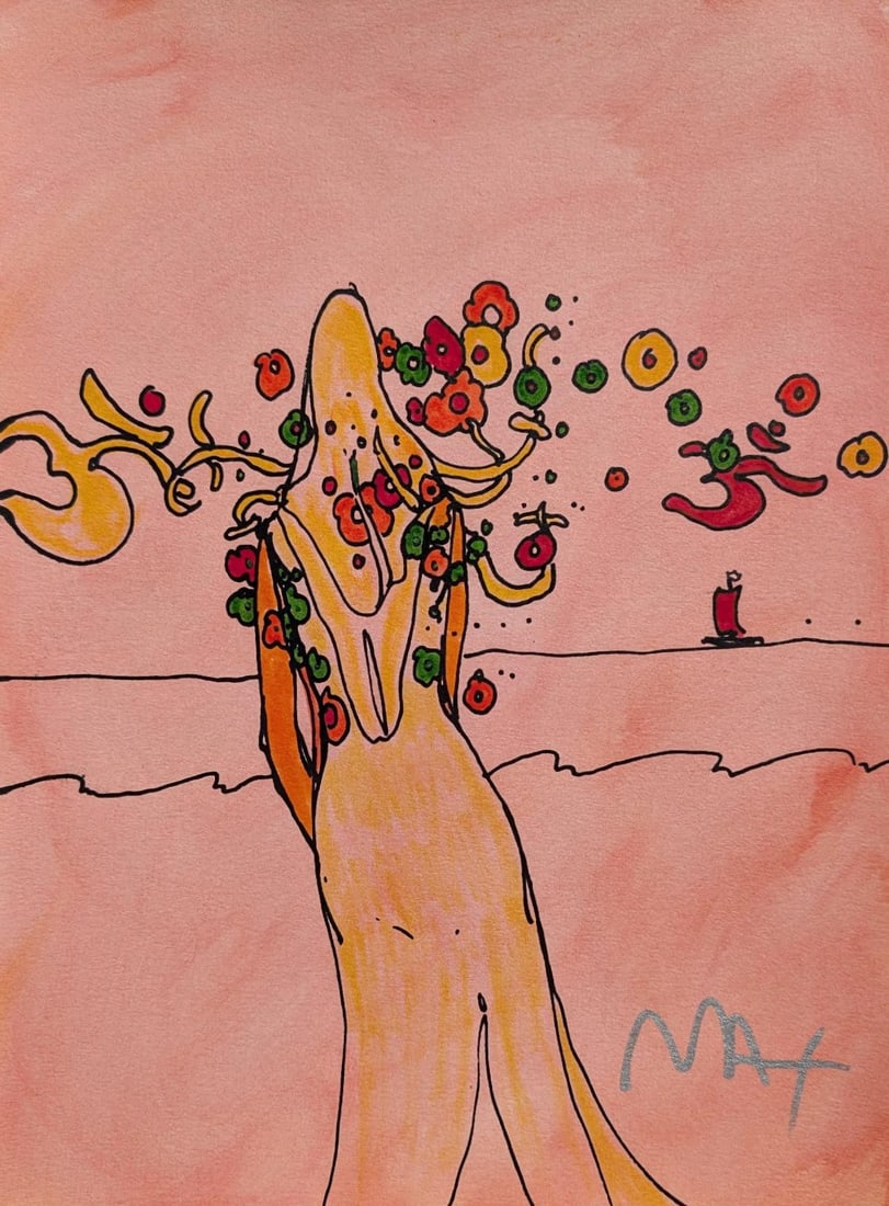 Peter Max, Flower Lady, Hand Signed, Mixed Media Watercolor and Silkscreen Painting: Watercolor and silkscreen on Fabriano velin paper. Paper size: 14 x 12.5 inches. Inscription: Hand signed in ink, as issued. Condition: Excellent. Notes: Published, printed, and painted by Peter Max,