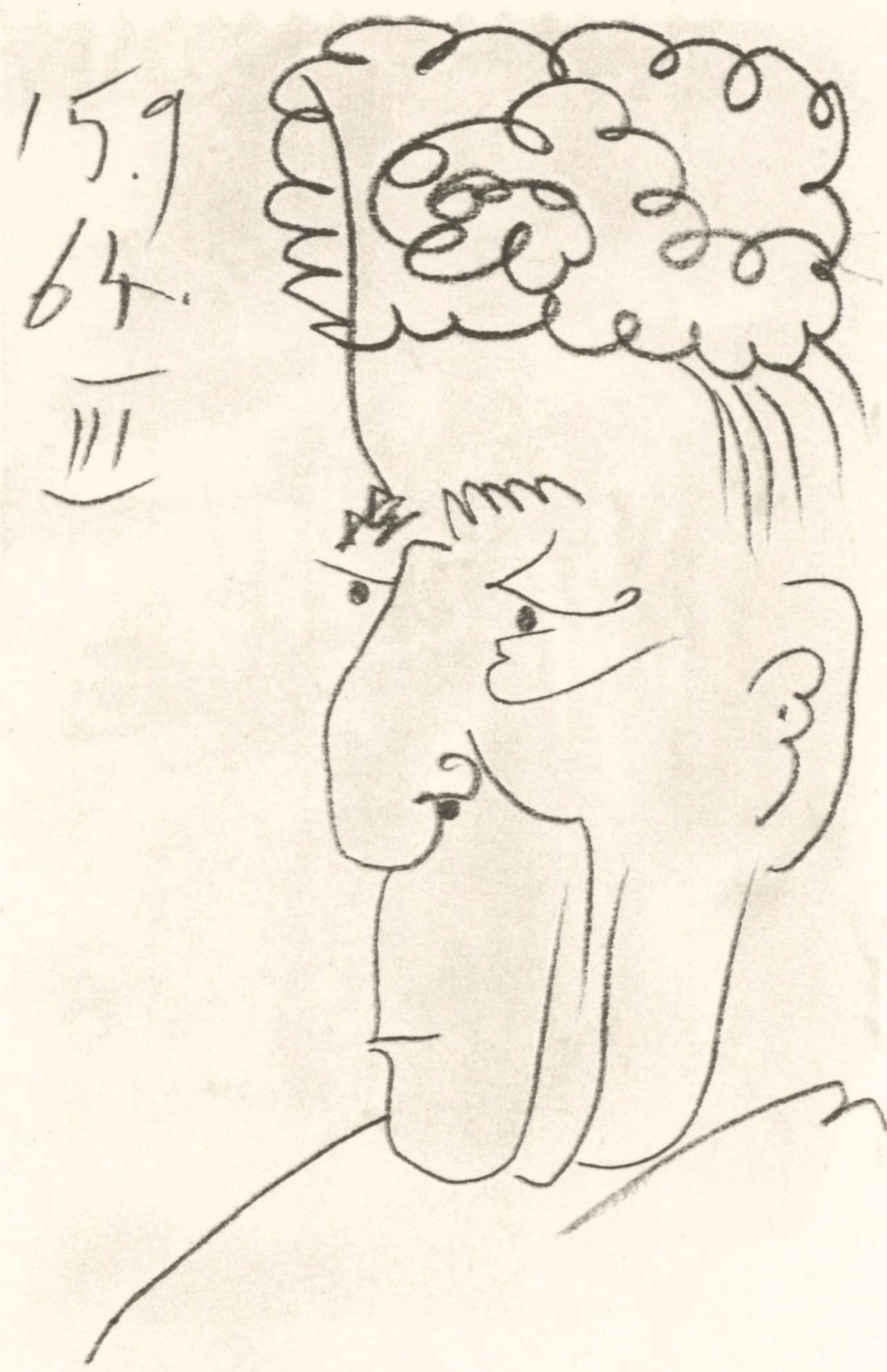 Pablo Picasso, 15.9.64. III (Cramer 148), Le Gout du Bonheur, Limited Edition Mixed Media Lithograph: Lithograph and silkscreen with grease crayon, lithographic tusche, lead pencil, charcoal on velin d'Arches paper. Paper size: 12.8 x 9.84 inches. Inscription: Unsigned and unnumbered, as issued. Catal