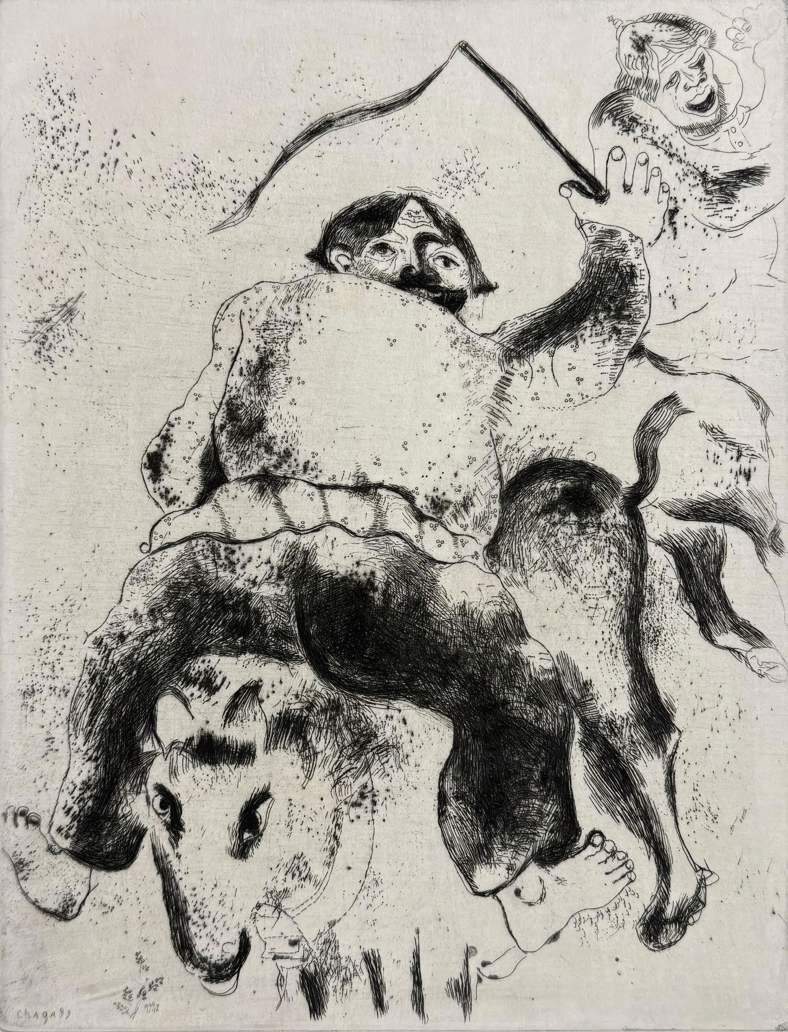 Marc Chagall, Father Mitiai and Father Miniai, from Dead Souls, Limited Edition Etching, 1923-1927: This exquisite etching by Marc Chagall (1887-1985), titled Le pere Mitiai et le pere Miniai (Father Mitiai and Father Miniai), originates from the celebrated folio Nicolas Gogol, Les Ames mortes,
