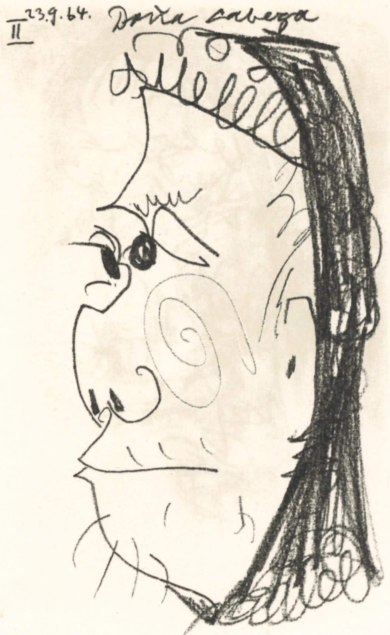 Pablo Picasso, 23.9.64. II (Cramer 148), Le Gout du Bonheur, Limited Edition Mixed Media Lithograph: Lithograph and silkscreen with grease crayon, lithographic tusche, lead pencil, charcoal on velin d'Arches paper. Paper size: 12.8 x 9.84 inches. Inscription: Unsigned and unnumbered, as issued. Catal