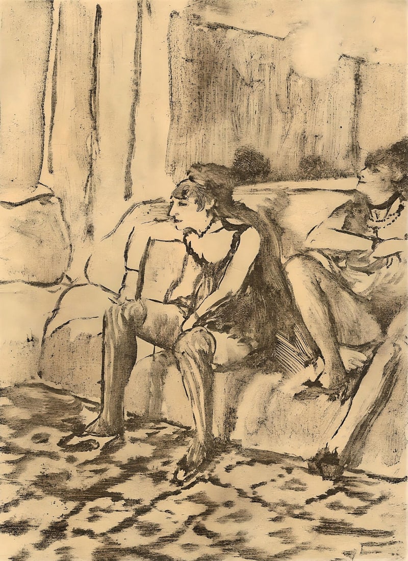 Edgar Degas, Deux Femmes, E. Degas Monotypes, Limited Edition Monotype: Engraving on velin du Marais paper. Unsigned and unnumbered, as issued. Paper Size: 12.25 x 9.125 inches. Excellent condition. Notes: From the volume, E. Degas Monotypes, 1948. Published by Quatre Che