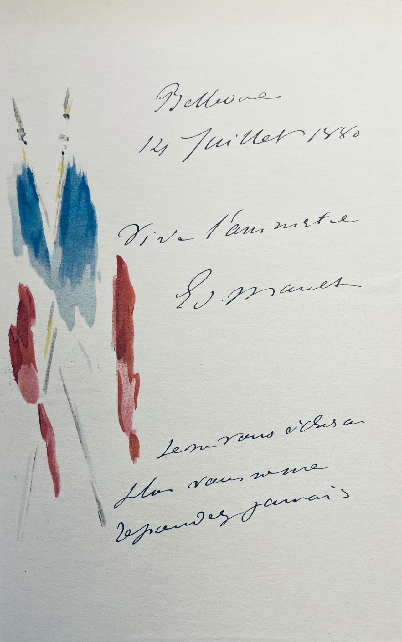 Edouard Manet, Composition, Edouard Manet, Letters with Aquarelles, Limited Edition Lithograph: Lithograph and stencil on velin Foreign Affairs paper mounted on Foreign Affairs museum board, as issued. Paper Size: 10 x 7 inches. Excellent condition. Inscription: Unsigned and unnumbered, as issue