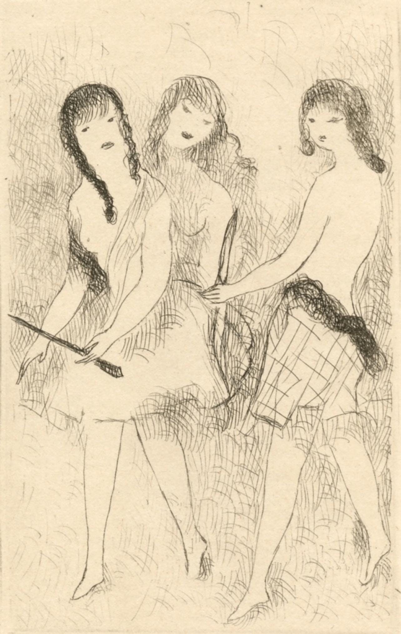Marie Laurencin, Trois jeunes filles jouant a l'arc, Dix filles dans un pre, Limited Edition Etching: Etching on velin d'Annonay, des freres Montgolfier paper. Signed in the plate and unnumbered, as issued. Paper size: 7.5 x 5.5 inches. Excellent condition. Notes: From the volume, Dix filles dans un p