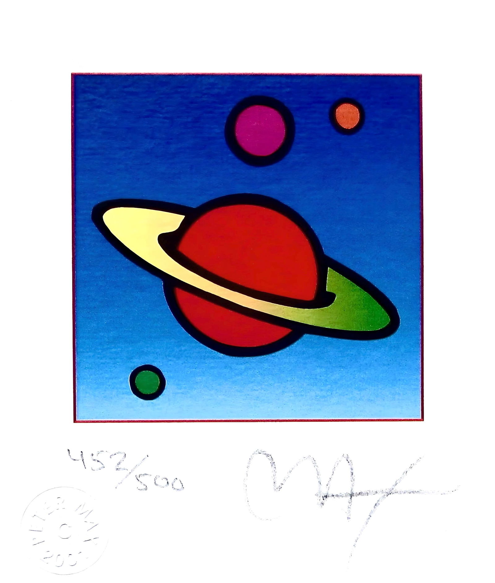 Peter Max, Cosmic Saturn, Hand Signed, Official Limited Edition Lithograph: Lithograph in colors on Lustro Saxony paper. Paper size: 3.5 x 3 inches. Inscription: Hand signed by Peter Max and numbered, as issued. Condition: Excellent. Notes: Published and printed by Via Max, I