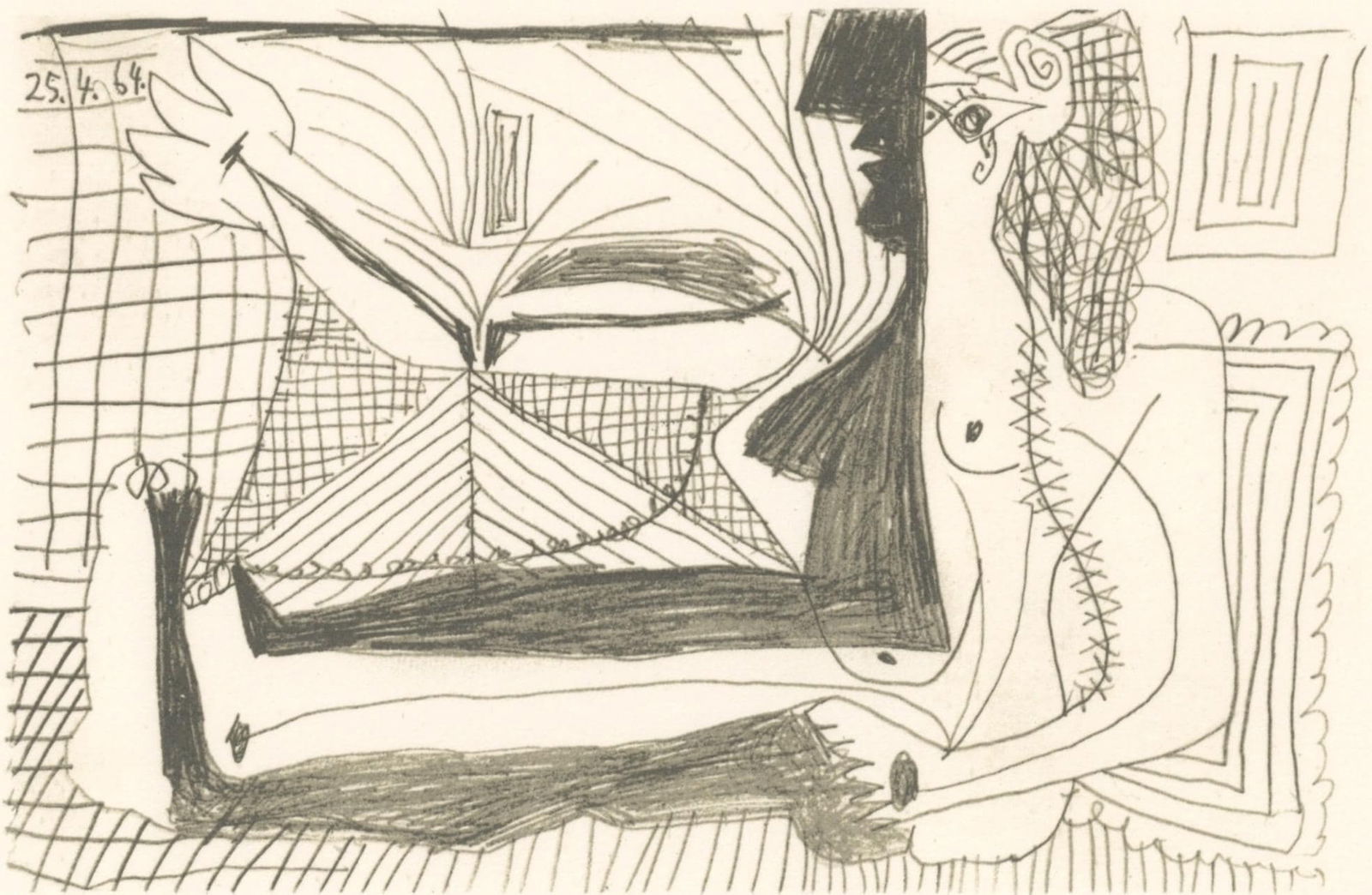 Pablo Picasso, 25.4.64. (Cramer 148), Le Gout du Bonheur, Limited Edition Mixed Media Lithograph: Lithograph and silkscreen with grease crayon, lithographic tusche, lead pencil, charcoal on velin d'Arches paper. Paper size: 9.84 x 12.8 inches. Inscription: Unsigned and unnumbered, as issued. Catal