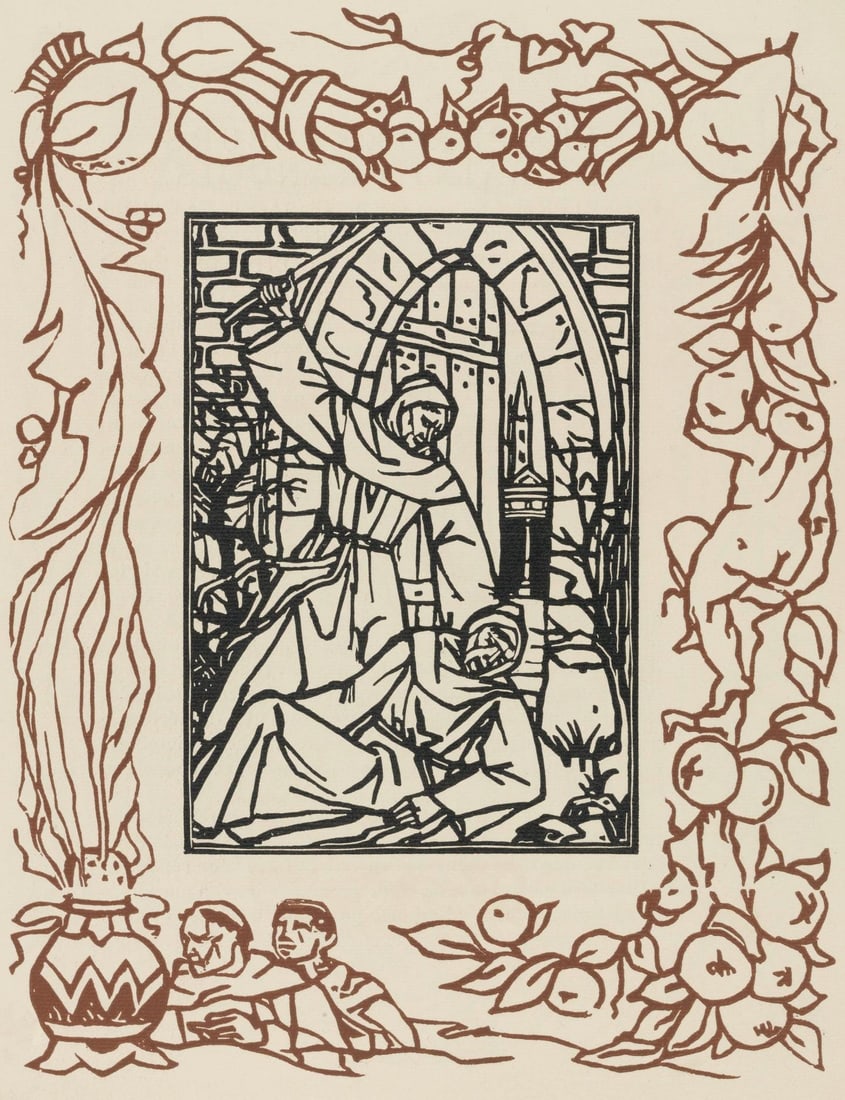 Emile Bernard, Composition (Morane, No. 100), Les Petites Fleurs de St. Francoise, Limited Edition: Wood engraving on verge d'Arches paper. Paper size: 12.8125 x 9.8125 inches. Excellent condition. Unsigned and unnumbered, as issued. Notes: From the volume, Les Petites Fleurs de St. Francois, 1928.