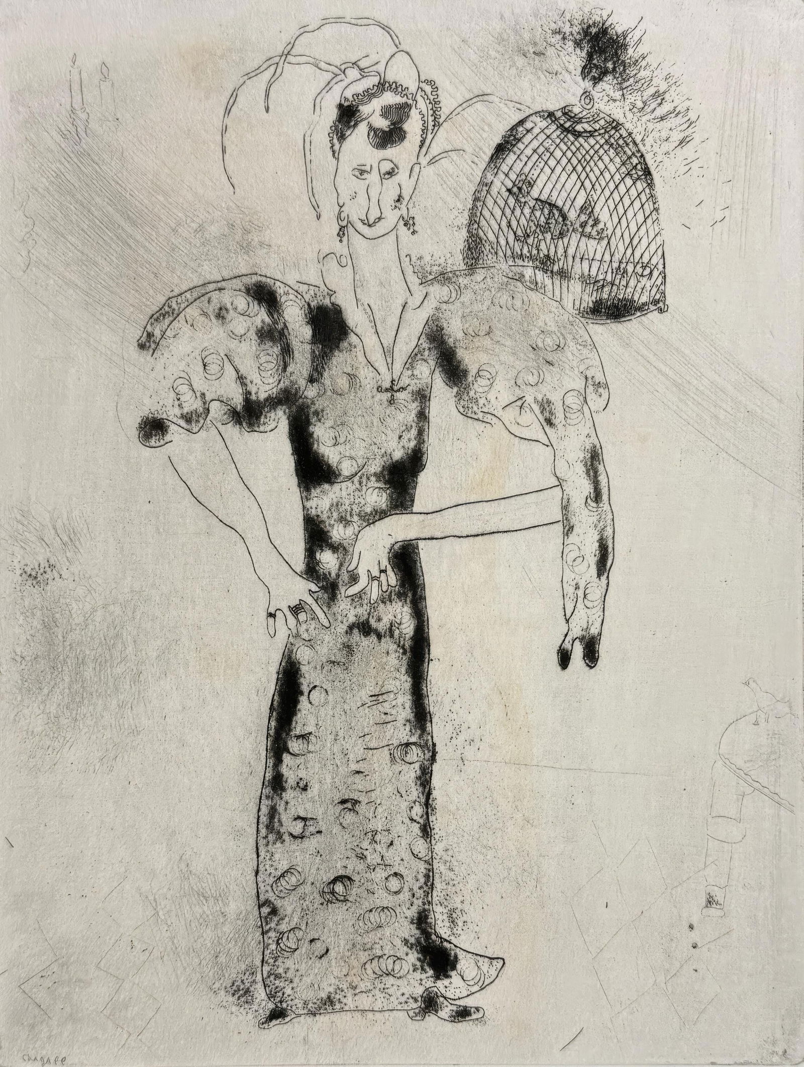 Marc Chagall, Mrs. Sobakevitch, from Dead Souls, Limited Edition Etching, 1923-1927: This exquisite etching by Marc Chagall (1887-1985), titled Madame Sobakevitch (Mrs. Sobakevitch), originates from the celebrated folio Nicolas Gogol, Les Ames mortes, Eaux-fortes originales de Marc Ch