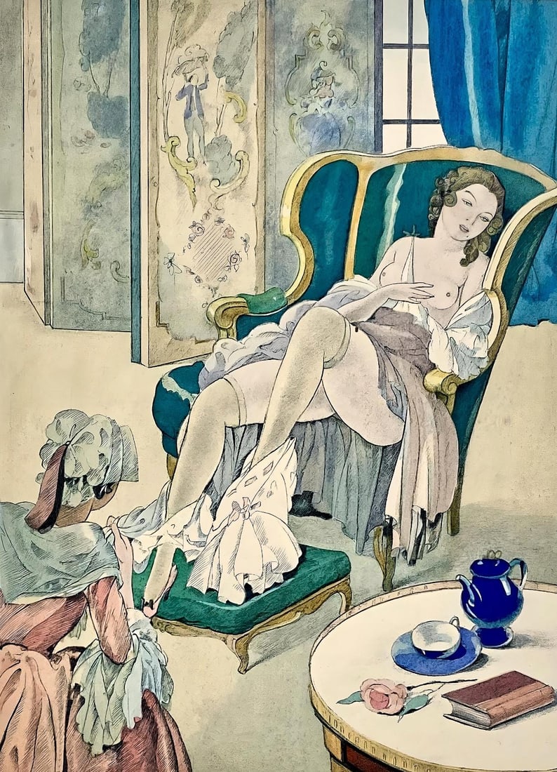 Umberto Brunelleschi, Composition, La Lecon d'amour dans un parc, Limited Edition Lithograph: Lithograph and stencil on velin d'Arches paper. Paper size: 13.11 x 10.039 inches. Excellent condition. Unsigned and unnumbered, as issued. Notes: From the volume, La Lecon d'amour dans un parc, 1933.