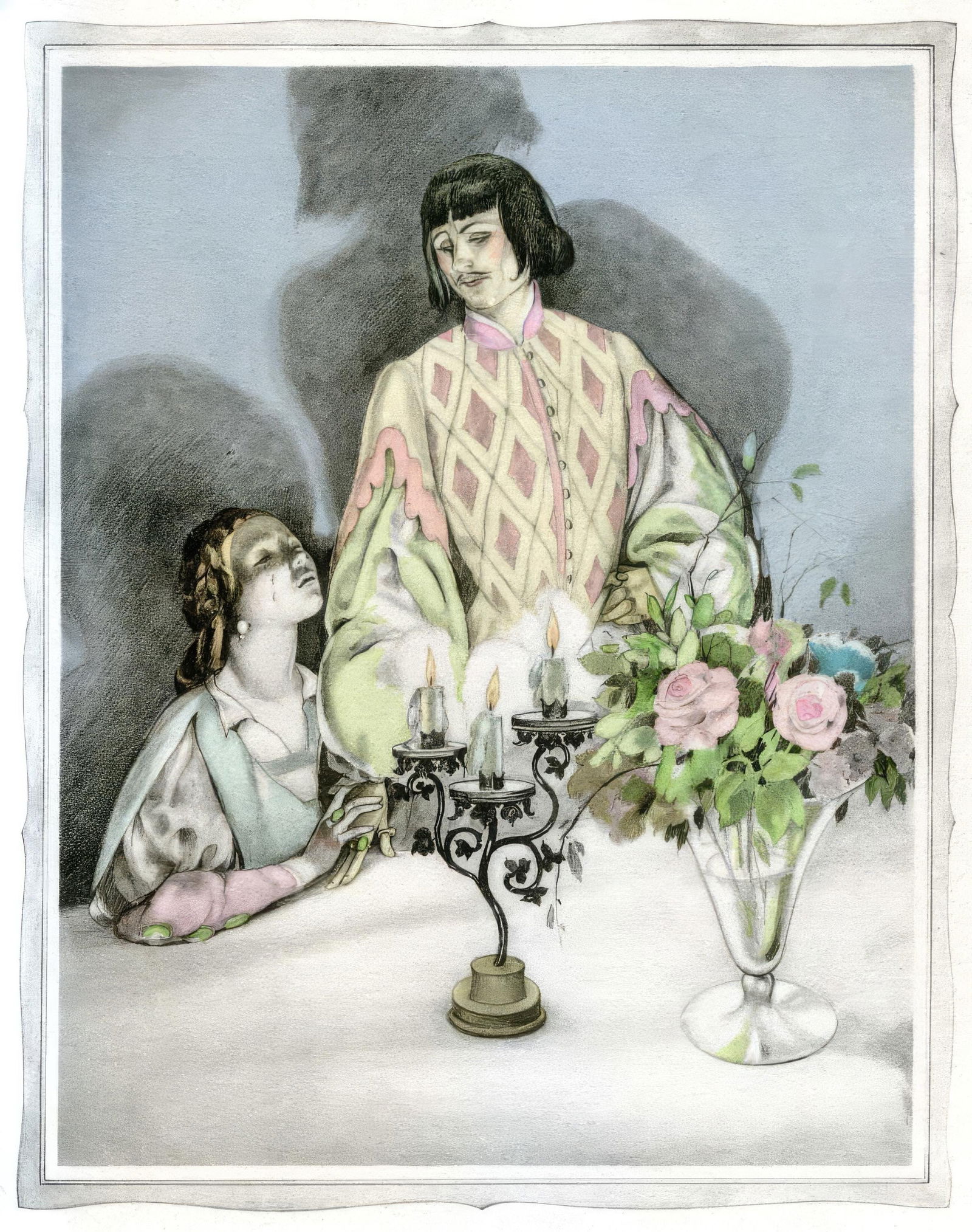 Umberto Brunelleschi, Composition, La Lecon d'amour dans un parc, Limited Edition Lithograph: Lithograph and stencil on velin d'Arches paper. Paper size: 13.11 x 10.039 inches. Excellent condition. Unsigned and unnumbered, as issued. Notes: From the volume, La Lecon d'amour dans un parc,