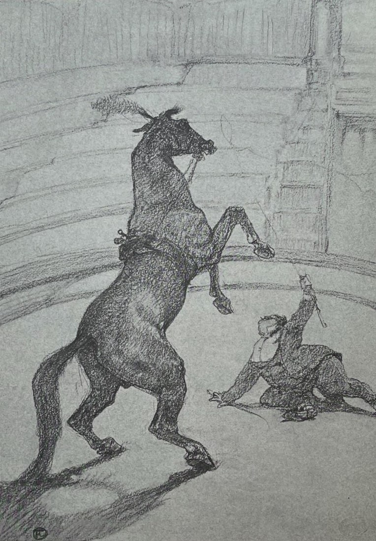 Henri de Toulouse-Lautrec, Performing Horse, Henri de Toulouse-Lautrec, At the Circus, Limited: Lithograph on velin paper, archivally hinged on archival backing paper, as issued. Paper size: 17.32 x 14.17 inches. Excellent condition. Inscription: Unsigned and unnumbered, as issued. Notes: From t