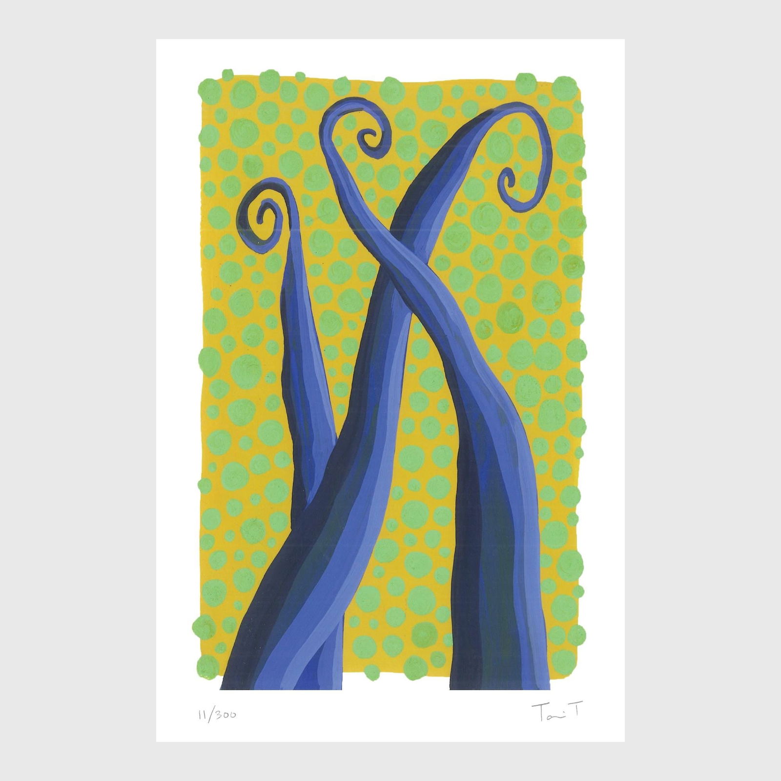 Blue Drops with Green Dots: Artist: Tanvi Thakur (1996) Title: Blue Drops with Green Dots, Drops With Dots Series Year: 2025 Medium: Archival Pigment Print on Paper Edition: 300 Size: 8 x 12 inches Inscription: Signed and