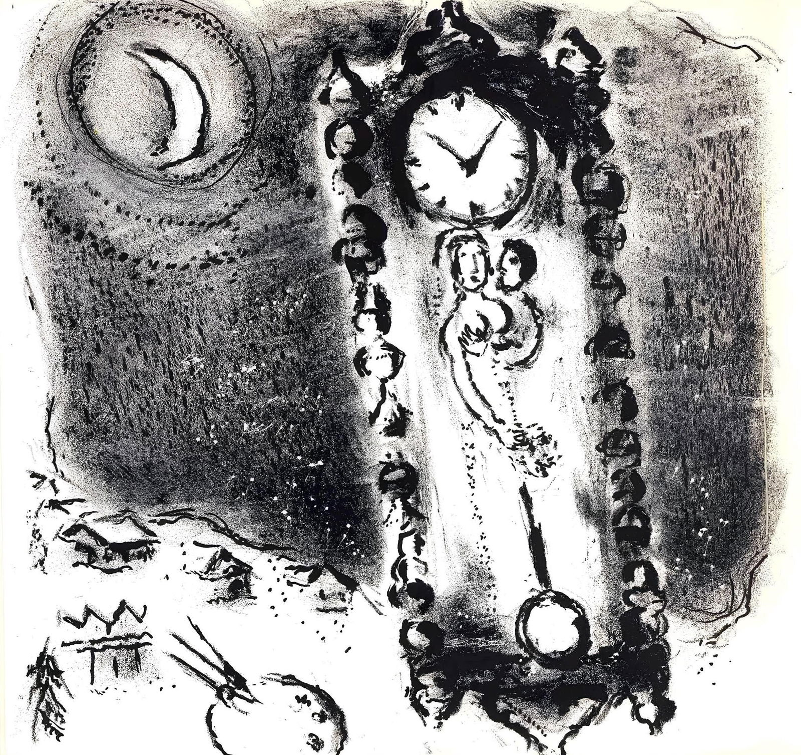 Marc Chagall, Chagall's Uhren, Limited Edition Lithograph: Lithograph on velin paper. Paper Size: 9.45 x 9.45 inches. Excellent condition. Inscription: Unsigned and unnumbered, as issued. Notes: From the folio, Chagall's Uhren, 1956. Published and printed by