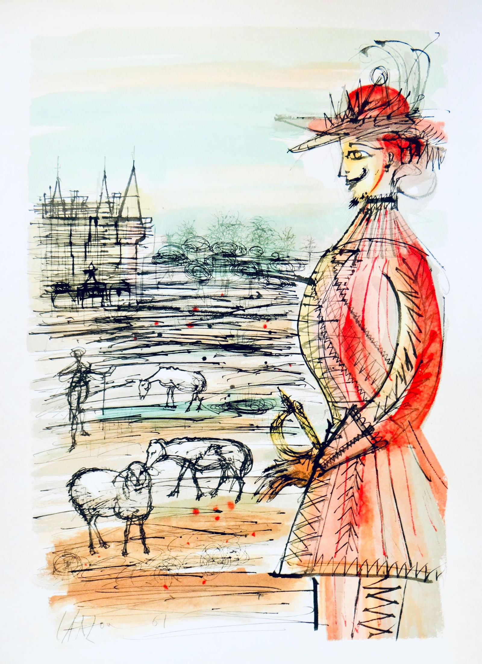 Jean Carzou, Le berger et le roi, Vingt fables de La fontaine, Limited Edition Woodcut: Woodcut on velin d'Arches paper. Paper size: 15 x 10.75 inches. Excellent condition. Inscription: signed in the plate and unnumbered, as issued. Notes: from the folio, Vingt fables de La fontaine, 196