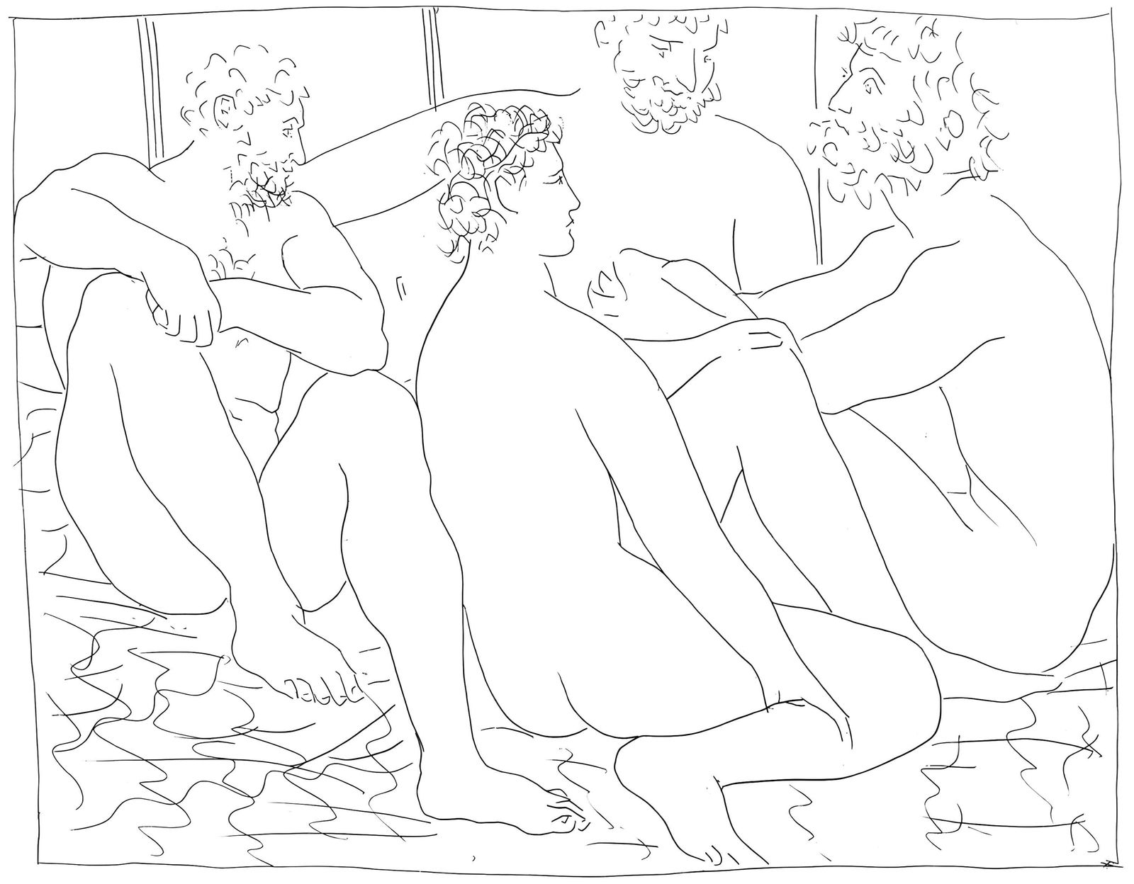 Pablo Picasso, Quatres hommes nus assis, Les Metamorphoses, Limited Edition Lithograph: Lithograph on velin papier Verge fin blanc des papeteries de Bellerive paper. Paper size: 11.02 x 8.66 inches; image size: 4.9 x 5.6 inches. Inscription: Unsigned and unnumbered, as issued. Condition: