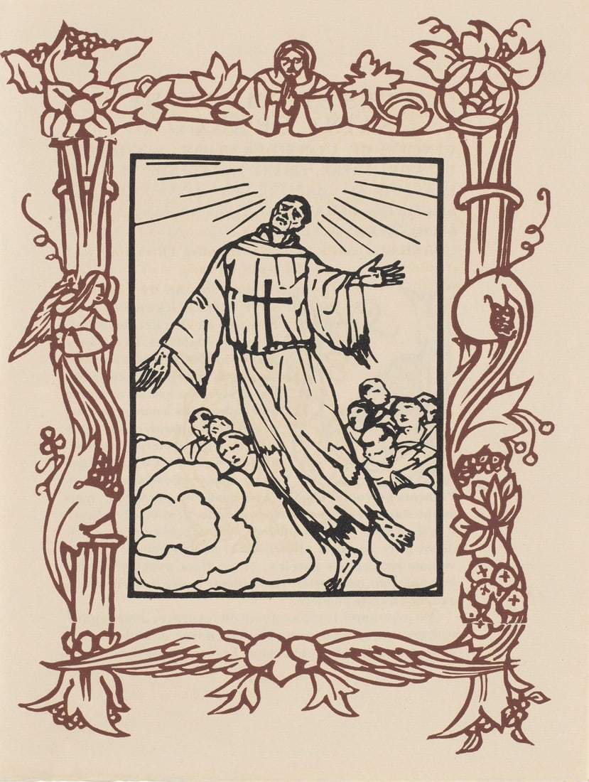 Emile Bernard, Composition (Morane, No. 100), Les Petites Fleurs de St. Francoise, Limited Edition: Wood engraving on verge d'Arches paper. Paper size: 12.8125 x 9.8125 inches. Excellent condition. Unsigned and unnumbered, as issued. Notes: From the volume, Les Petites Fleurs de St. Francois, 1928.