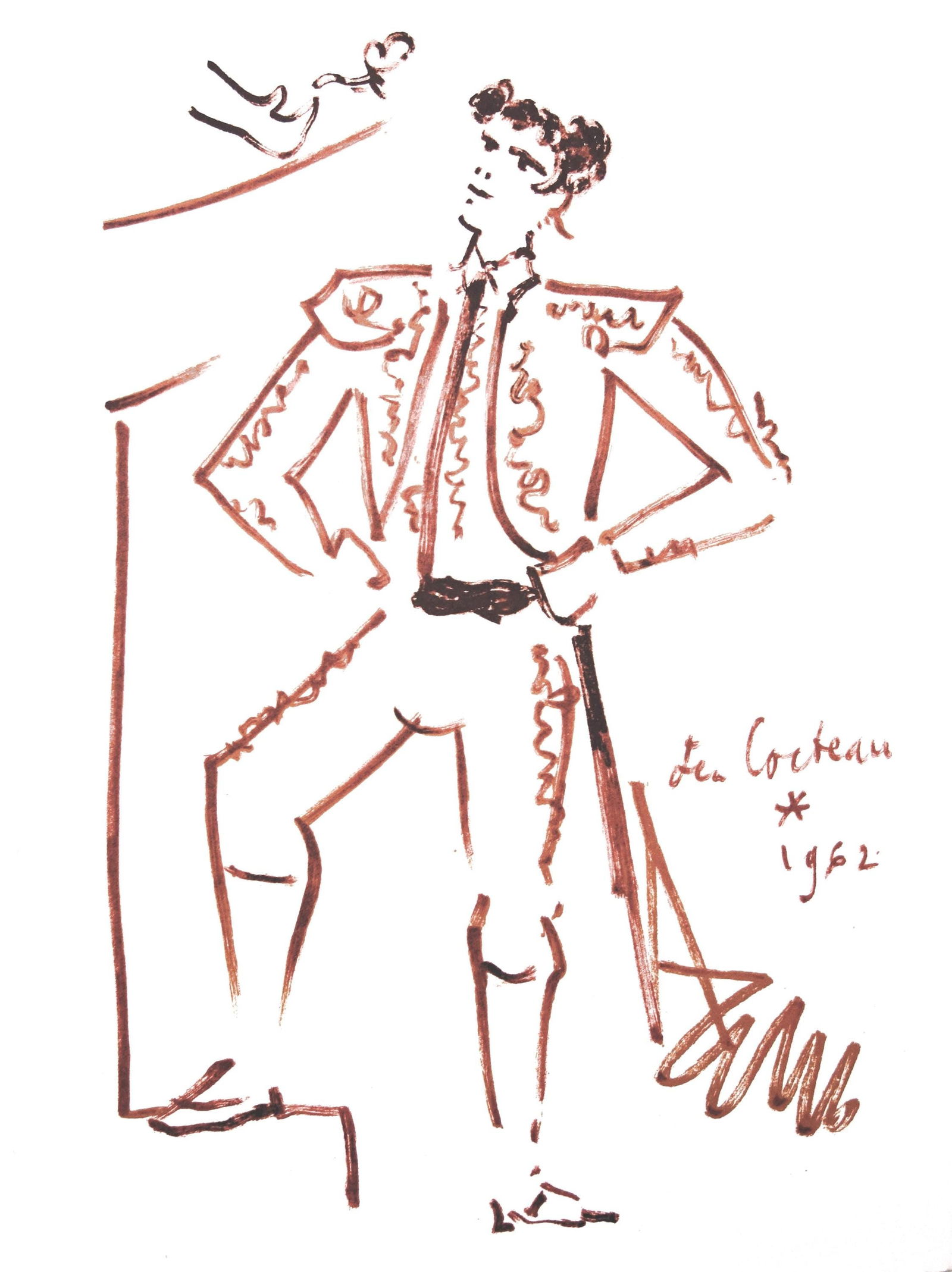 Jean Cocteau, L'œillet de la provocation, Taureaux, Lithographies de Jean Cocteau, Limited Edition: Lithograph on velin de Rives paper. Paper Size: 15 x 11 inches. Inscription: Signed in the plate and unnumbered, as issued. Condition: Very good/excellent, consistent with age. Notes: From the folio,