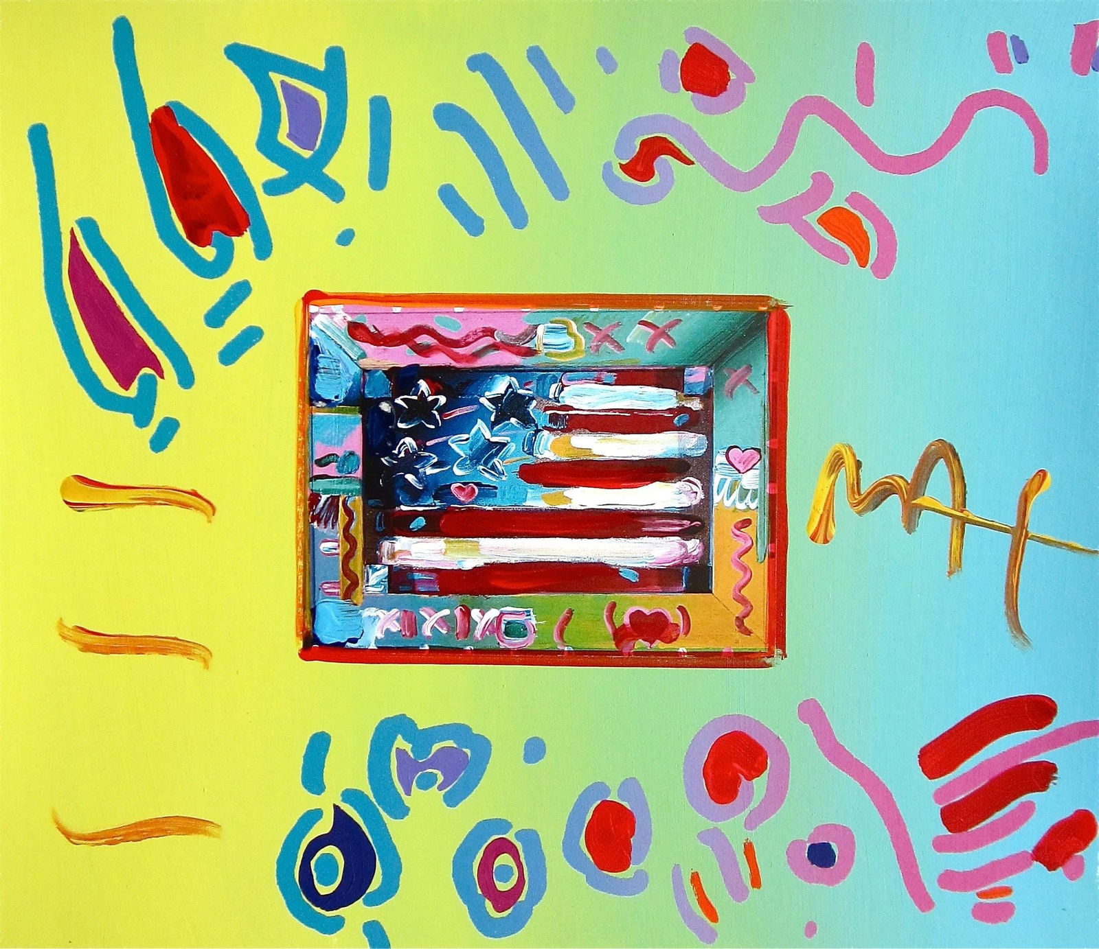 Peter Max, Flag, Hand Signed, Mixed Media Acrylic and Lithograph Painting: Acrylic and lithograph on velin d'Arches paper. Paper size: 12 x 14 inches. Inscription: Hand signed, as issued. Condition: Excellent. Notes: Published, printed by Via Max, New York; painted by Peter