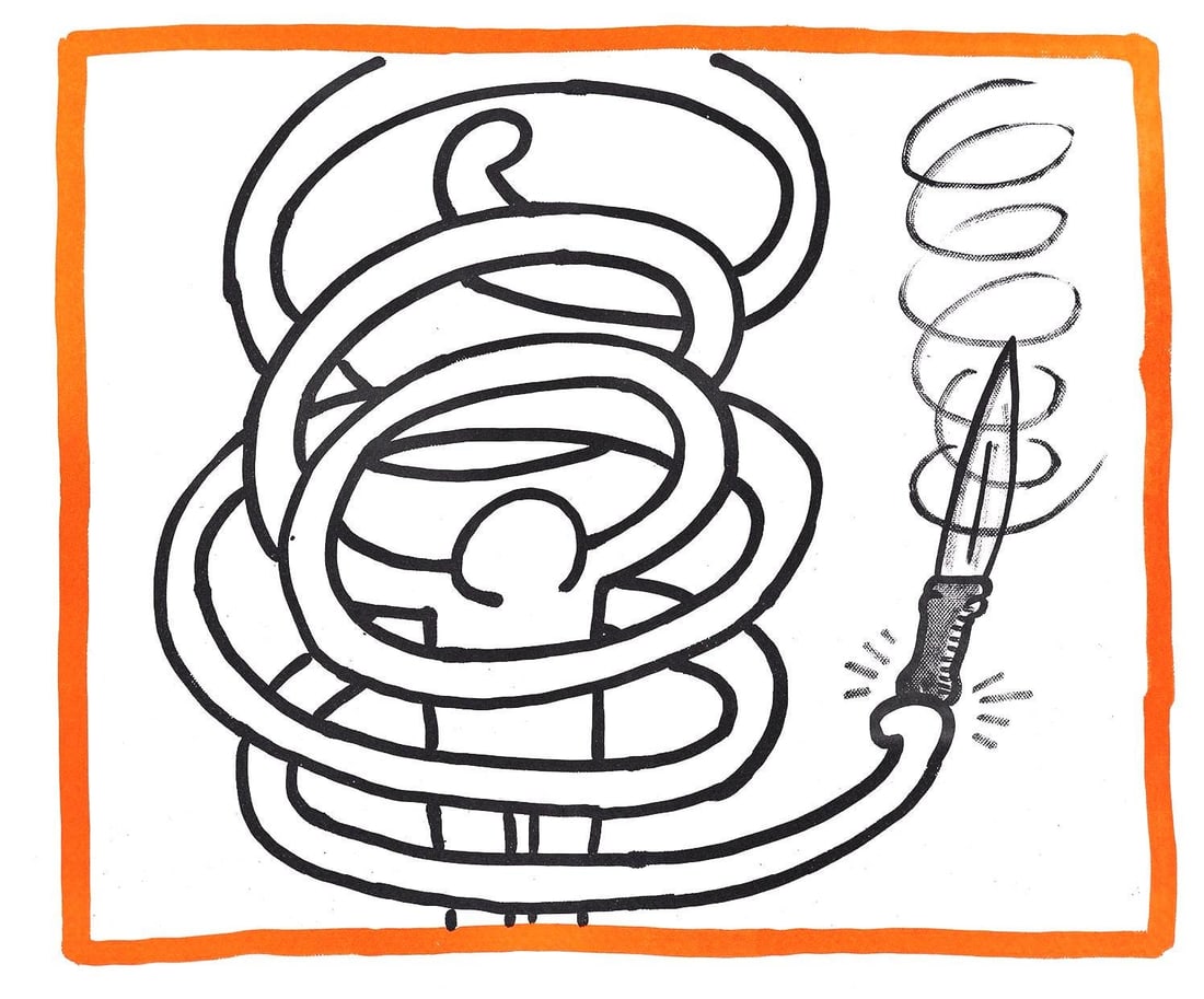 Keith Haring, Composition, Against All Odds, Limited Edition Lithograph: Lithograph on acid-free Rivoli paper. Paper Size: 8.5 x 10.3 inches. Inscription: Unsigned and unnumbered, as issued. Condition: Very good/excellent, consistent with age. Notes: From the album, Agains