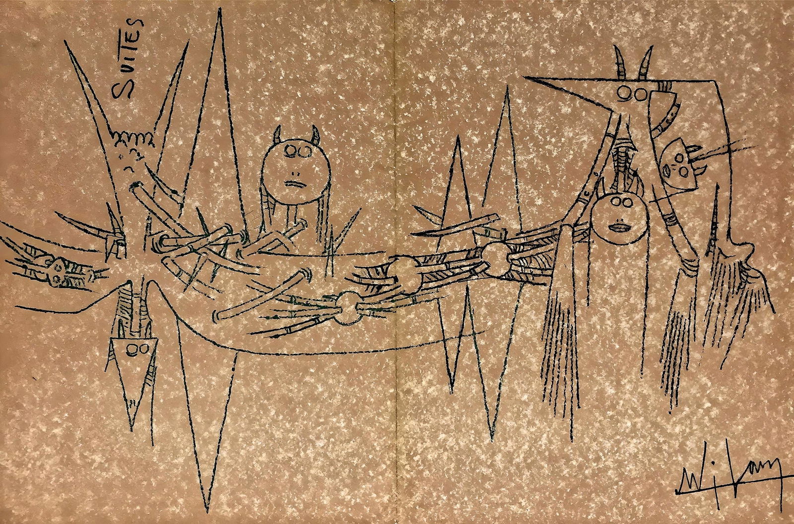 Wifredo Lam ????, Composition, Suites no3, Limited Edition Lithograph: Lithograph on velin paper. Paper size: 11.2 x 19.1 inches. Excellent condition, with centerfold, as issued. Inscription: Unsigned and unnumbered, as issued. Notes: From the folio, Suites no3, 1963. Pu