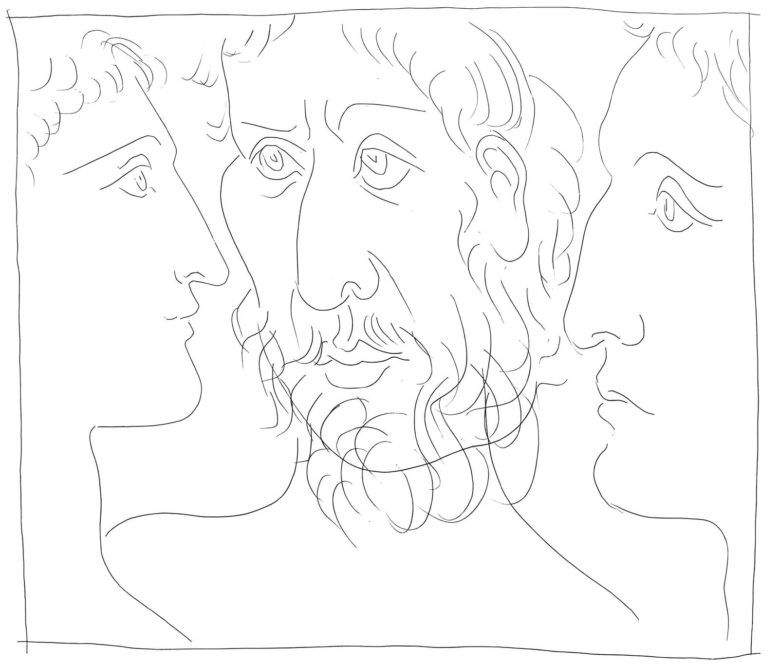 Pablo Picasso, Trois tetes d'homme, Les Metamorphoses, Limited Edition Lithograph: Lithograph on velin papier Verge fin blanc des papeteries de Bellerive paper. Paper size: 11.02 x 8.66 inches; image size: 4.9 x 5.6 inches. Inscription: Unsigned and unnumbered, as issued. Condition:
