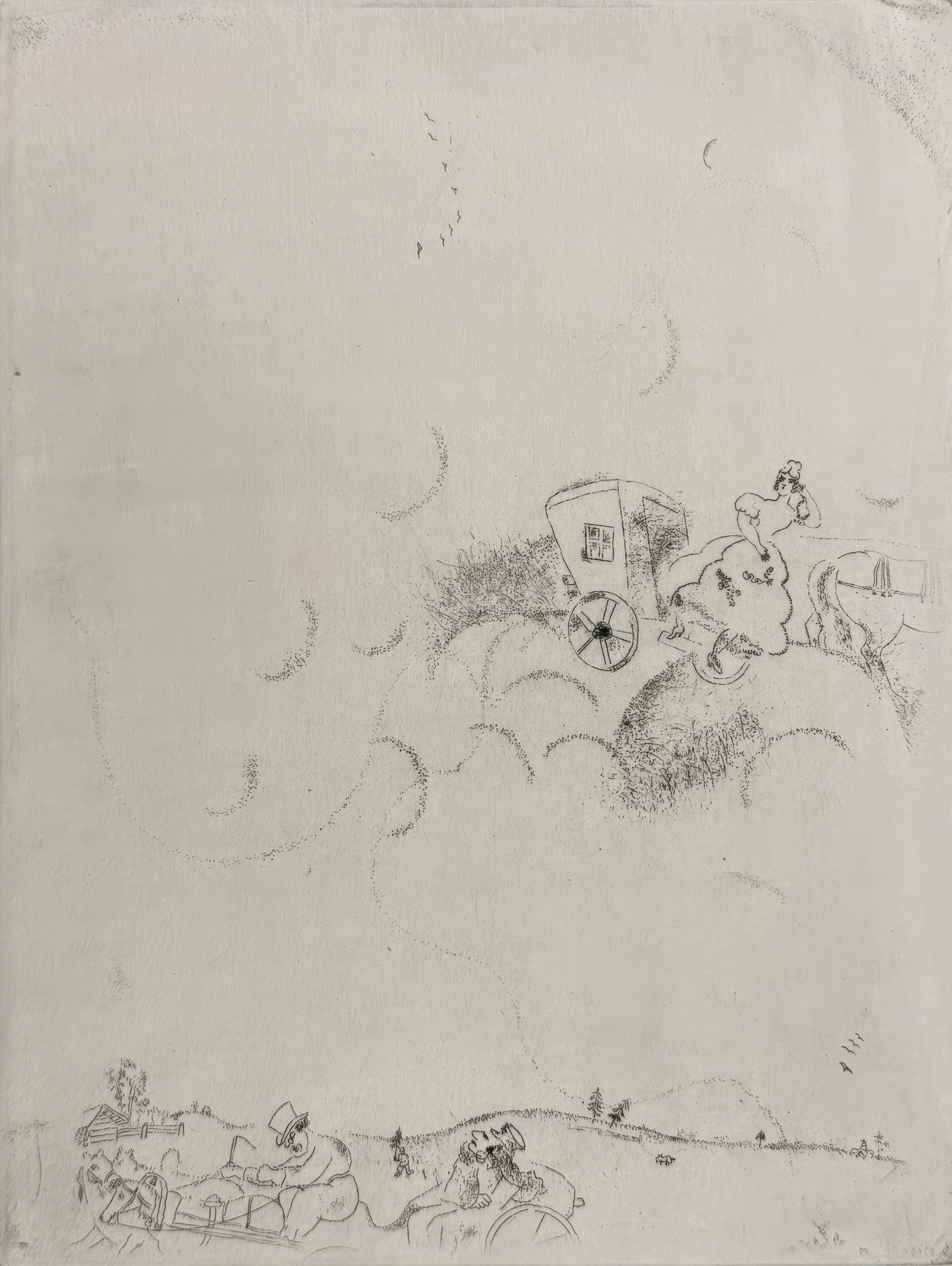 Marc Chagall, The Dreams of Tchitchikov, from Dead Souls, Limited Edition Etching, 1923-1927: This exquisite etching by Marc Chagall (1887-1985), titled Les reves de Tchitchikov (The Dreams of Tchitchikov), originates from the celebrated folio Nicolas Gogol, Les Ames mortes, Eaux-fortes origin