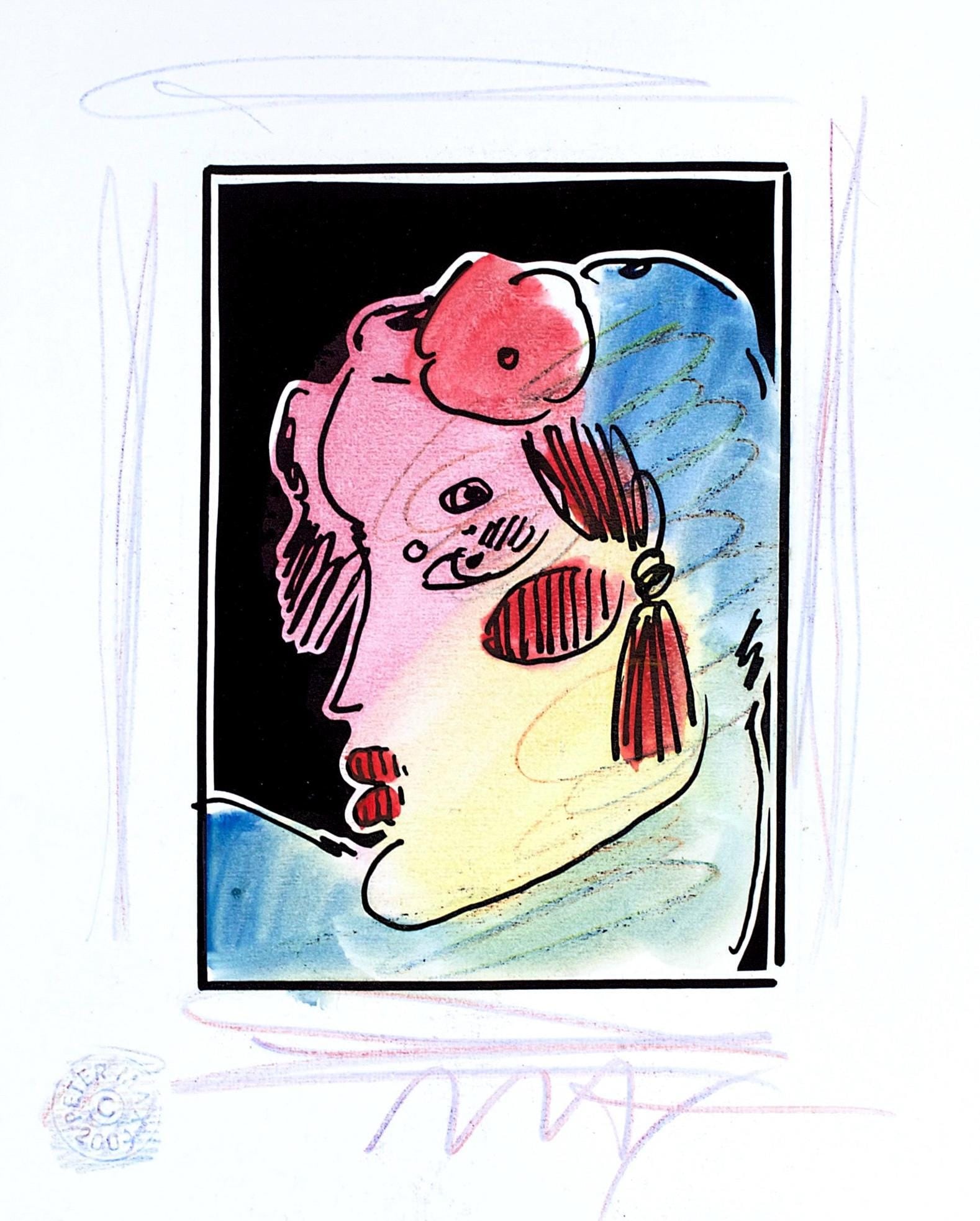 Peter Max, Lady Profile with Flower II, Black and White Series, Hand Signed, Official Edition Mixed: Lithograph in colors, watercolor, colored pencil on Lustro Saxony paper. Paper size: 8.63 x 7 inches. Inscription: Hand signed by Peter Max and unnumbered, as issued. Condition: Excellent. Notes: Publ