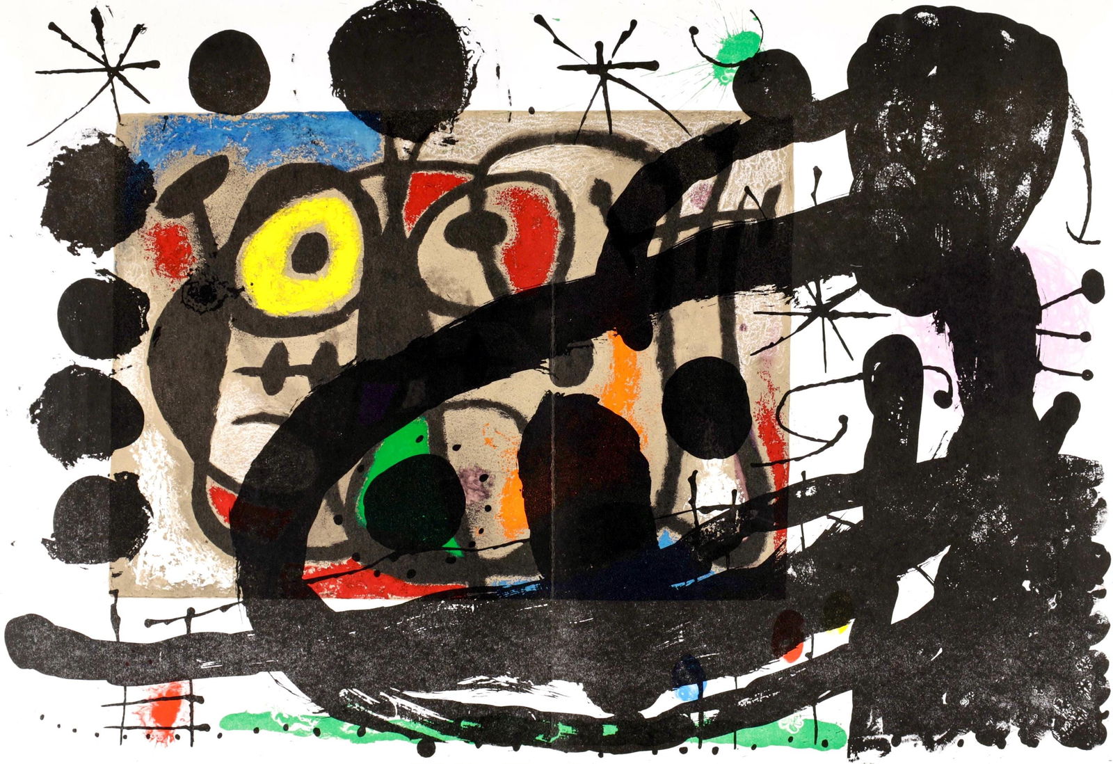 Joan Miro, Composition (Cramer 102; Mourlot 428-449), Derriere le miroir, Limited Edition Lithograph: Lithograph on velin paper. Paper Size: 15 x 22 inches. Excellent condition, with centerfold, as issued. Inscription: Unsigned and unnumbered, as issued. Notes: From Derriere le miroir, N deg 151-152,