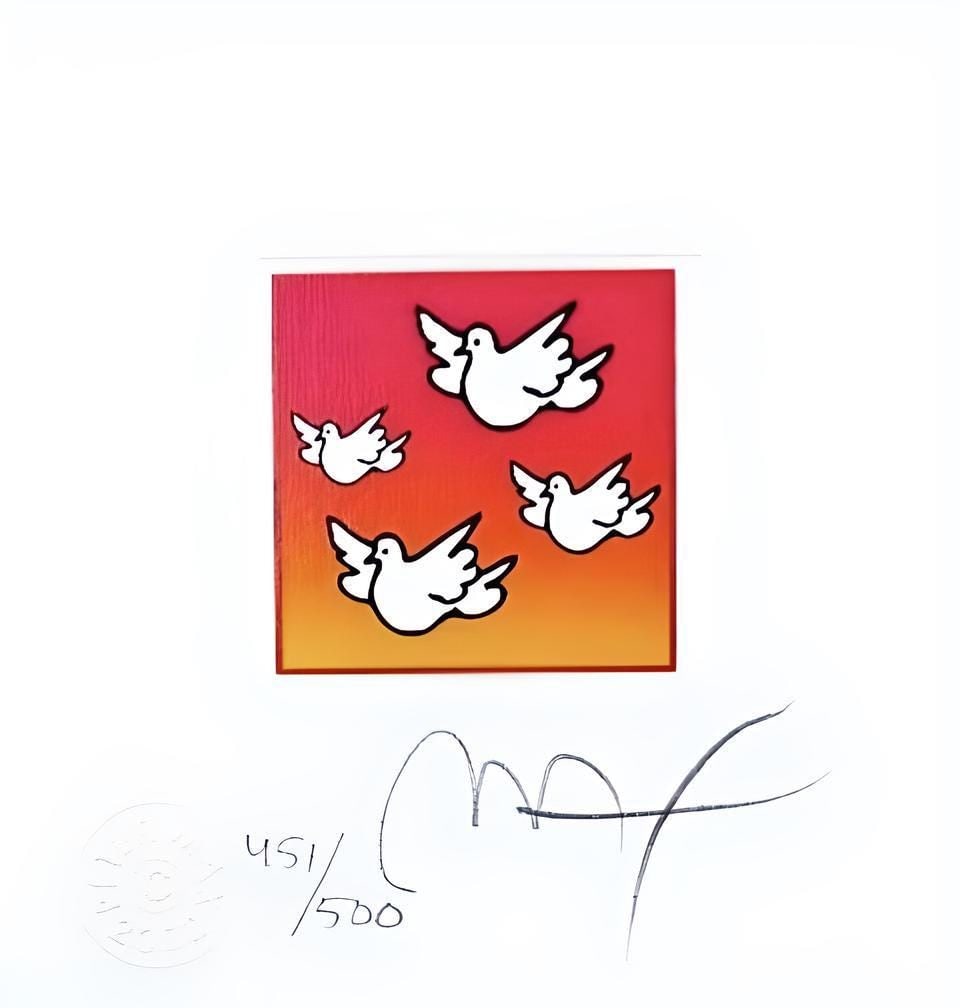 Peter Max, Flying Doves, Hand Signed, Official Limited Edition Lithograph: Lithograph in colors on Lustro Saxony paper. Paper size: 4.87 x 4.5 inches. Inscription: Hand signed by Peter Max and numbered, as issued. Condition: Excellent. Notes: Published and printed by Via Max