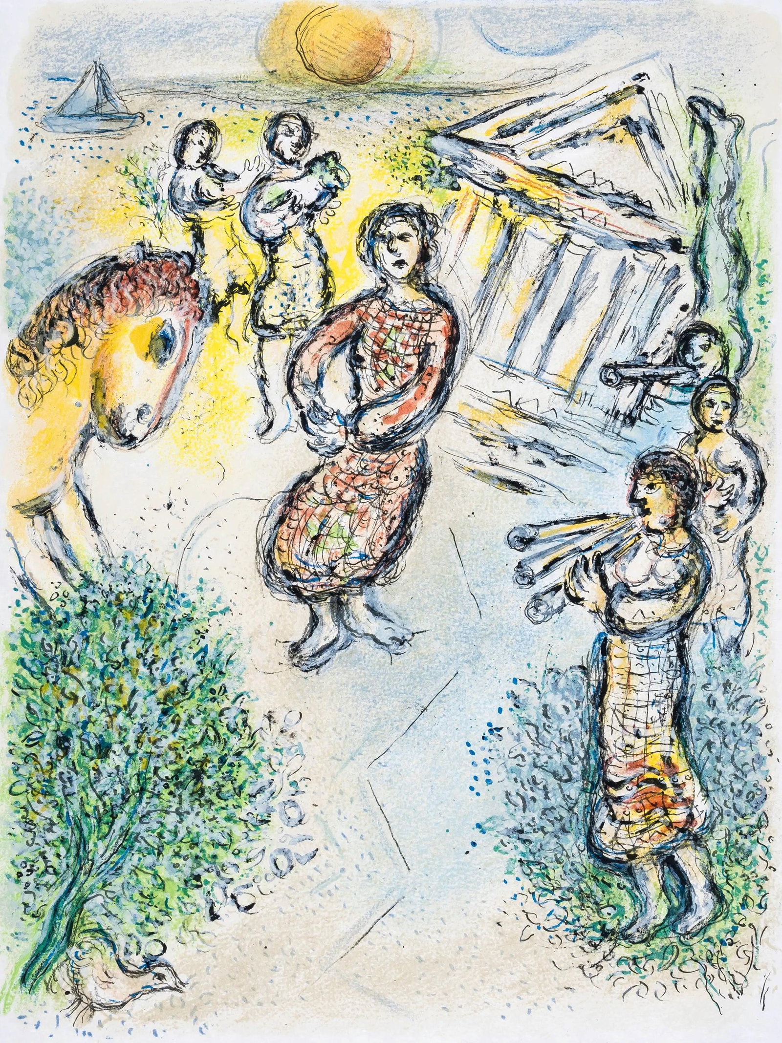 Marc Chagall, Die Zubereitung des Festmahls fur die Feier, Homer, Die Odyssee, Limited Edition: Lithograph on 250 g/m2 Butten Papierwerke Miliani AG, Fabriano paper. Paper Size: 14.88 x 11.69 inches. Inscription: Unsigned and unnumbered, as issued. Condition: Very good/excellent, consistent with