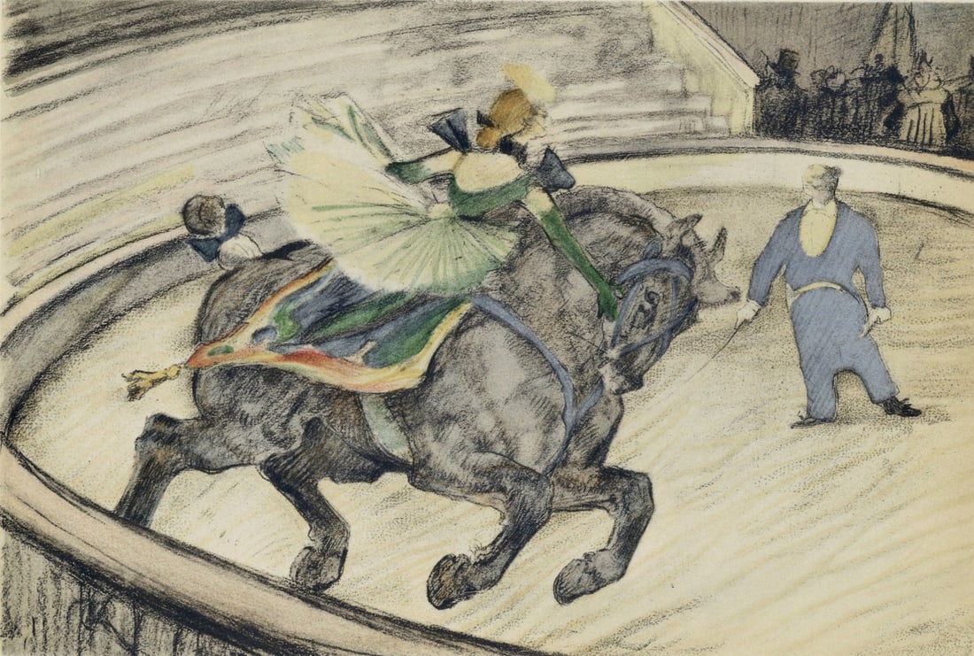 Henri de Toulouse-Lautrec, Travail sur le panneau, The Circus by Toulouse-Lautrec, Limited Edition: Lithograph on velin paper. Unsigned and unnumbered. Paper Size: 12.125 x 9.25 inches. Excellent condition. Notes: From the album, The Circus by Toulouse-Lautrec, 1952. Published the Paris Book Center,