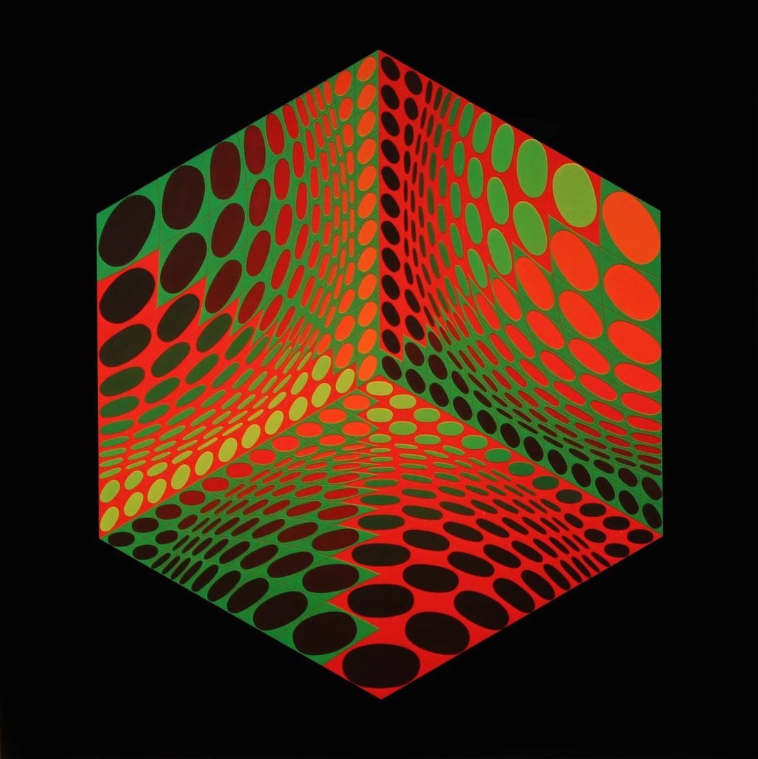 Victor Vasarely, Composition, Hexagone, Limited Edition Heliogravure: Heliogravure on 280 gm M2 gloss paper. Paper Size: 11 x 11 inches. Excellent condition. Notes: From the folio, Hexagone, 1973. Published and printed by Editions du Griffon, Neuchatel, Switzerland, 197
