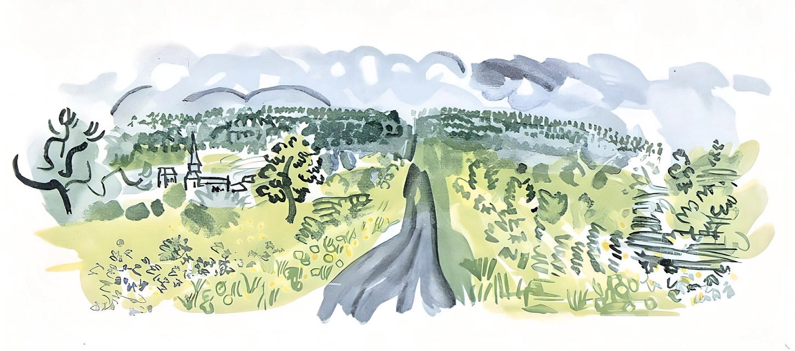 Raoul Dufy, Village de France, Vacances forcees: Lithograph on papier bouffant des Papeteries de Casteljoux paper. Paper Size: 12 x 9.25 inches. Excellent condition. Unsigned and unnumbered, as issued. Notes: From the folio, Vacances forcees 1970. P