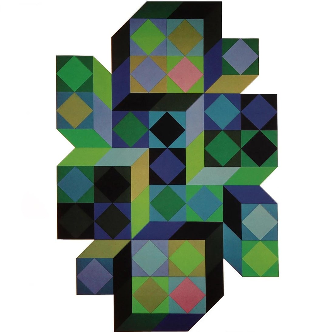 Victor Vasarely, Composition, Hommage a Hexagone, Limited Edition Heliogravure: Heliogravure on 280 gm M2 gloss paper. Paper Size: 11 x 11 inches. Excellent condition. Notes: From the folio, Hommage a Hexagone, 1976. Published and printed by Editions du Griffon, Neuchatel, Switze