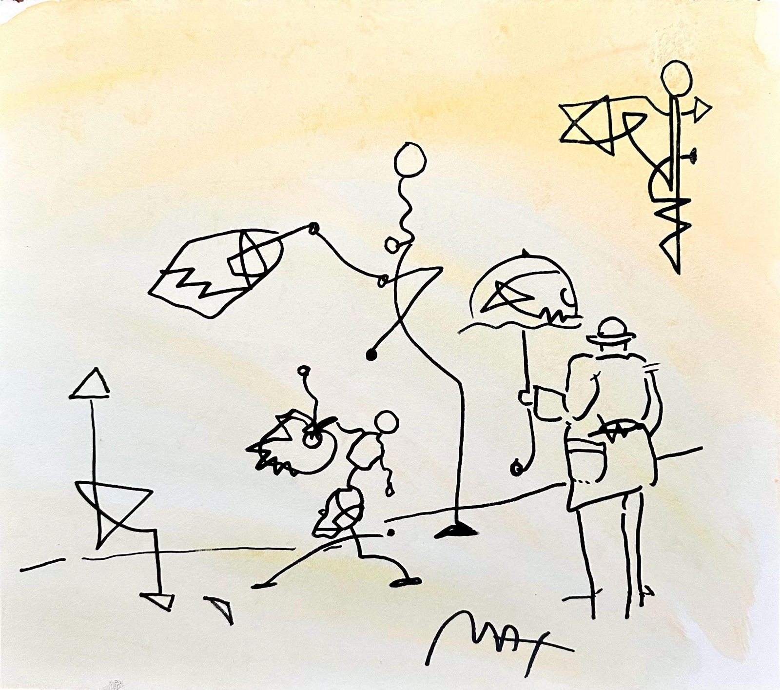 Peter Max, Umbrella Man, Hand Signed, Mixed Media Watercolor and Silkscreen Painting: Watercolor and silkscreen on Fabriano velin paper. Paper size: 12 x 13.75 inches. Inscription: Hand signed in ink, as issued. Condition: Excellent. Notes: Published, printed, and painted by Peter Max,