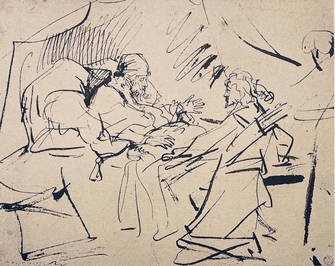 Rembrandt van Rijn, Isaac Refusing His Blessing to Esau, Drawings from the Bible, Limited Edition: Collotype on Hamilton Kilmory paper. Unsigned and unnumbered, as issued. Paper Size: 9.5 x 12.5 inches. Excellent condition. Notes: From the folio, Rembrandt, Drawings from the Bible, Thirty-two Collo