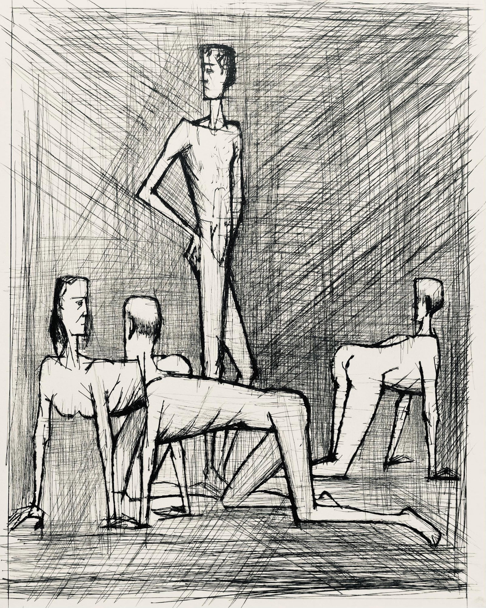 Bernard Buffet, Composition (Reinz 208-222), Voyages Fantastiques, Limited Edition Etching: Drypoint etching on papier de Rives B.F.K. pur fil paper. Paper size: 16.125 x 12.875 inches. Excellent condition. Unsigned and unnumbered, as issued. Notes: From the folio, Voyages fantastiques aux E