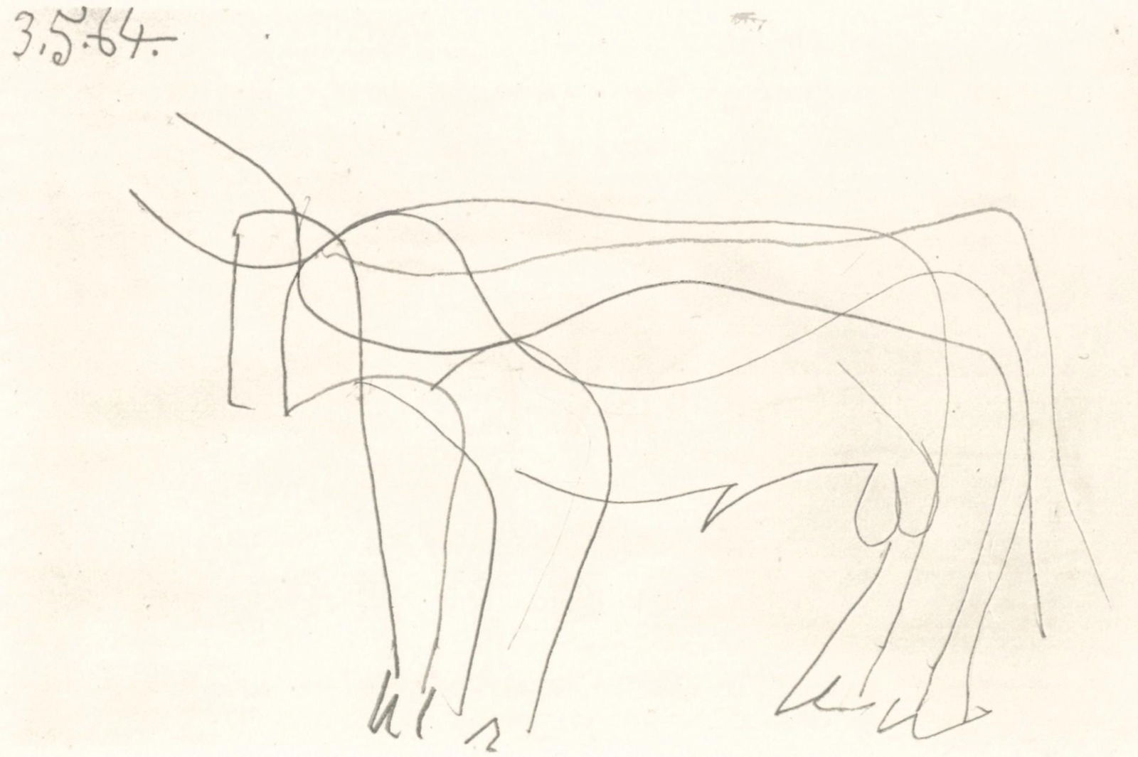 Pablo Picasso, 3.5.64. (Cramer 148), Le Gout du Bonheur, Limited Edition Mixed Media Lithograph: Lithograph and silkscreen with grease crayon, lithographic tusche, lead pencil, charcoal on velin d'Arches paper. Paper size: 9.84 x 12.8 inches. Inscription: Unsigned and unnumbered, as issued.