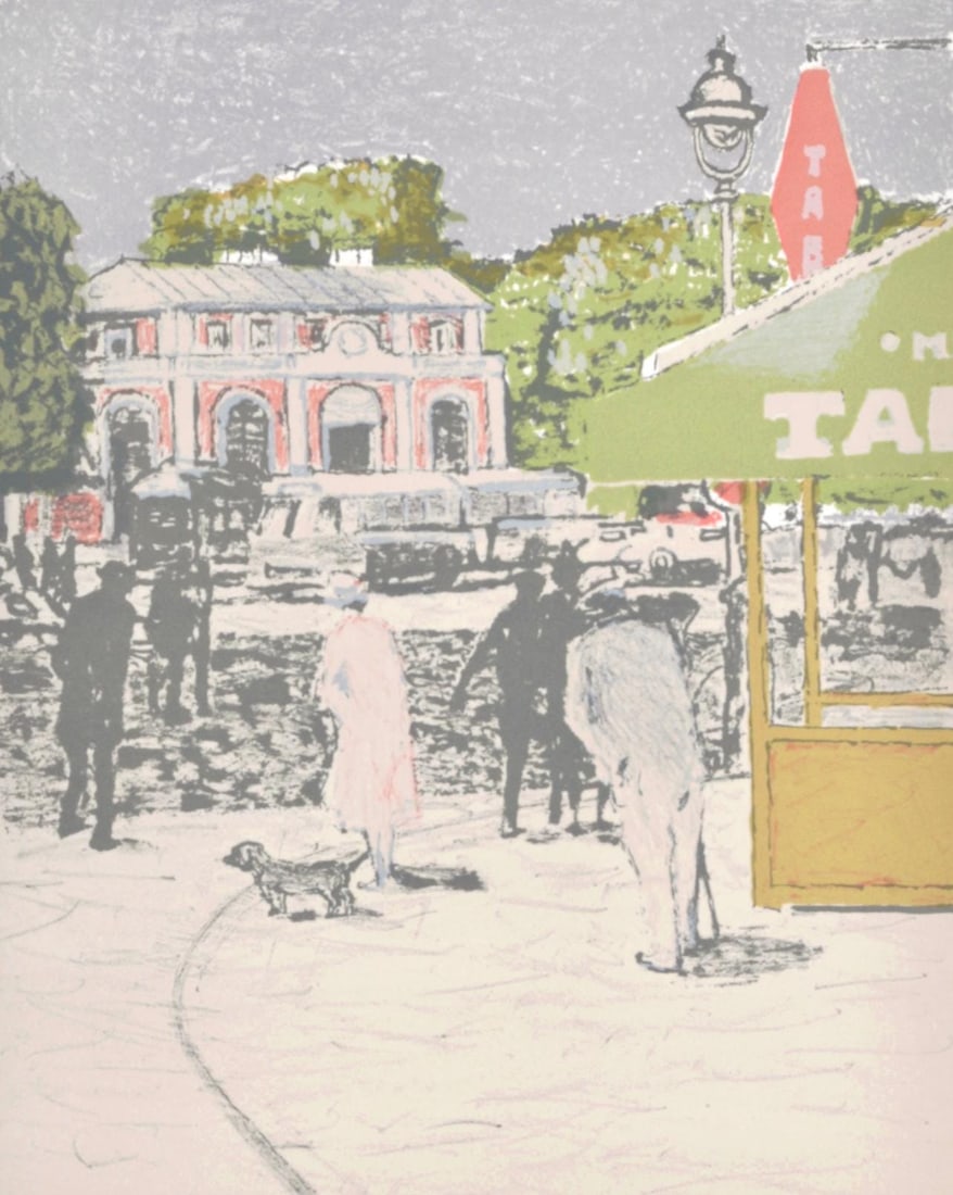 Maurice Brianchon, Flaneries, Regards sur Paris, Limited Edition Lithograph: Lithograph on velin d'Arches paper. Paper size: 15.5 x 12 inches. Excellent condition. Inscription: unsigned and unnumbered, as issued. Notes: from the folio, Regards sur Paris, 1962. Published by And