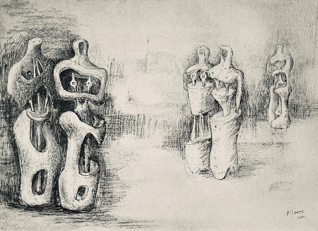 Henry Moore, Standing Figures, The Drawings of Henry Moore, Limited Edition Lithograph: Lithograph on velin paper. Paper size: 12.5 x 13.5 inches. Excellent condition. Unsigned and unnumbered, as issued. Notes: From the folio, The Drawings of Henry Moore, 1946. Published by Curt Valentin