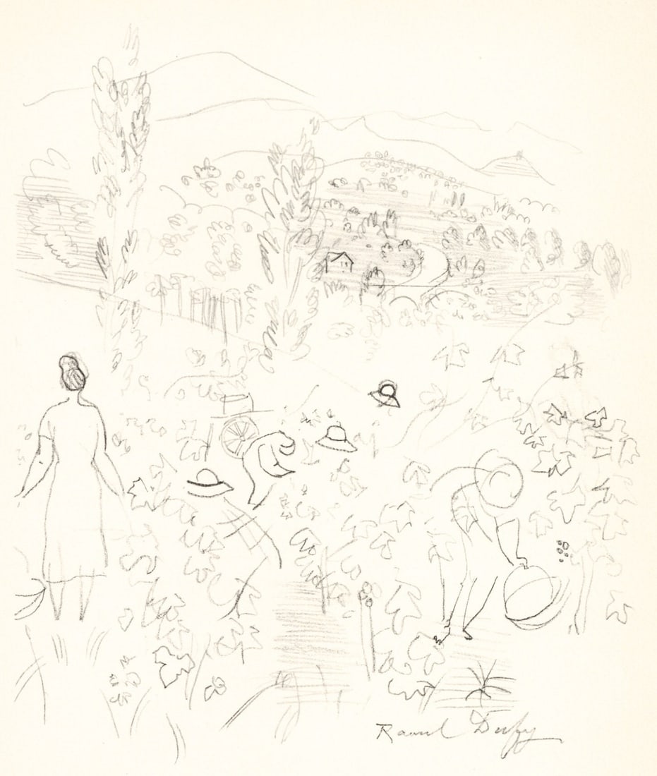 Raoul Dufy, Coteaux en Septembre, Vins, Fleurs et Flammes, Limited Edition Lithograph: Lithograph and Stencil on grand velin d'Arches special paper. Unsigned and unnumbered. Paper Size: 12.75 x 10 inches. Excellent condition. Notes: From the volume, Vins, Fleurs et Flammes, 1956.
