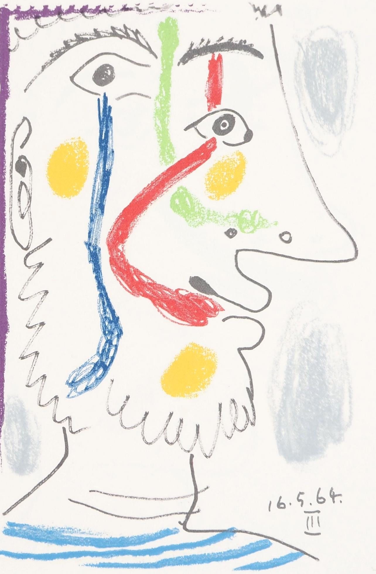 Pablo Picasso, 16.5.64. III (Cramer 148), Le Gout du Bonheur, Limited Edition Mixed Media Lithograph: Lithograph and silkscreen with grease crayon, lithographic tusche, lead pencil, charcoal on velin d'Arches paper. Paper size: 12.8 x 9.84 inches. Inscription: Unsigned and unnumbered, as issued. Catal
