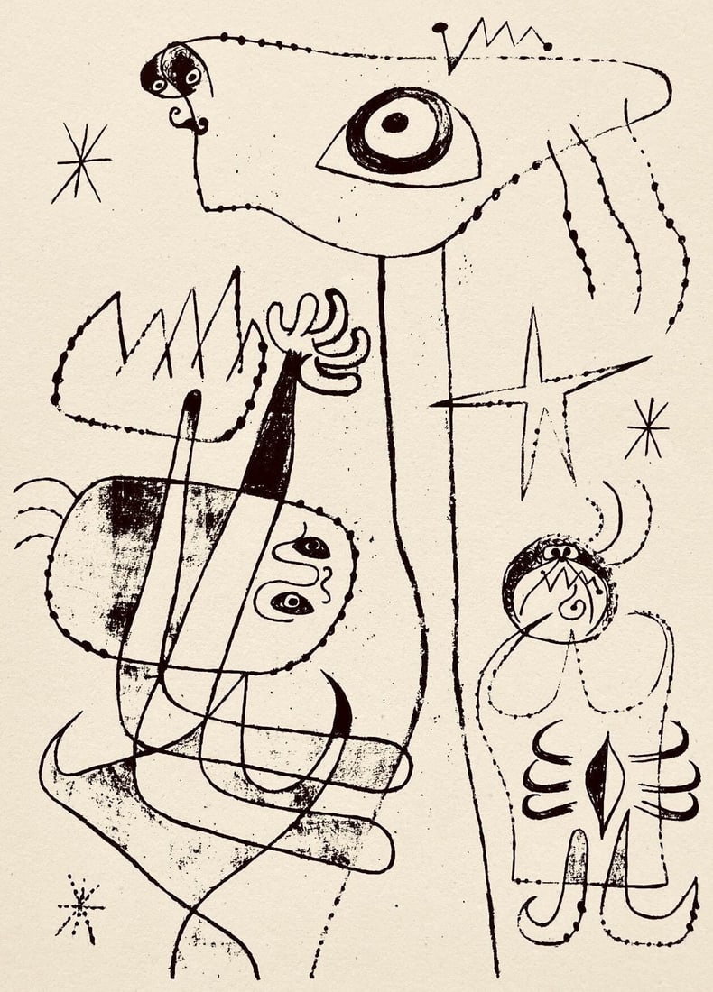 Joan Miro, Composition, The Prints of Joan Miro, Limited Edition Etching: Etching on velin paper. Inscription: Unsigned and unnumbered, as issued. Paper Size: 11 x 8.5 inches. Excellent condition. Notes: From the folio, The Prints of Joan Miro, Fall, 1947. Published by Curt