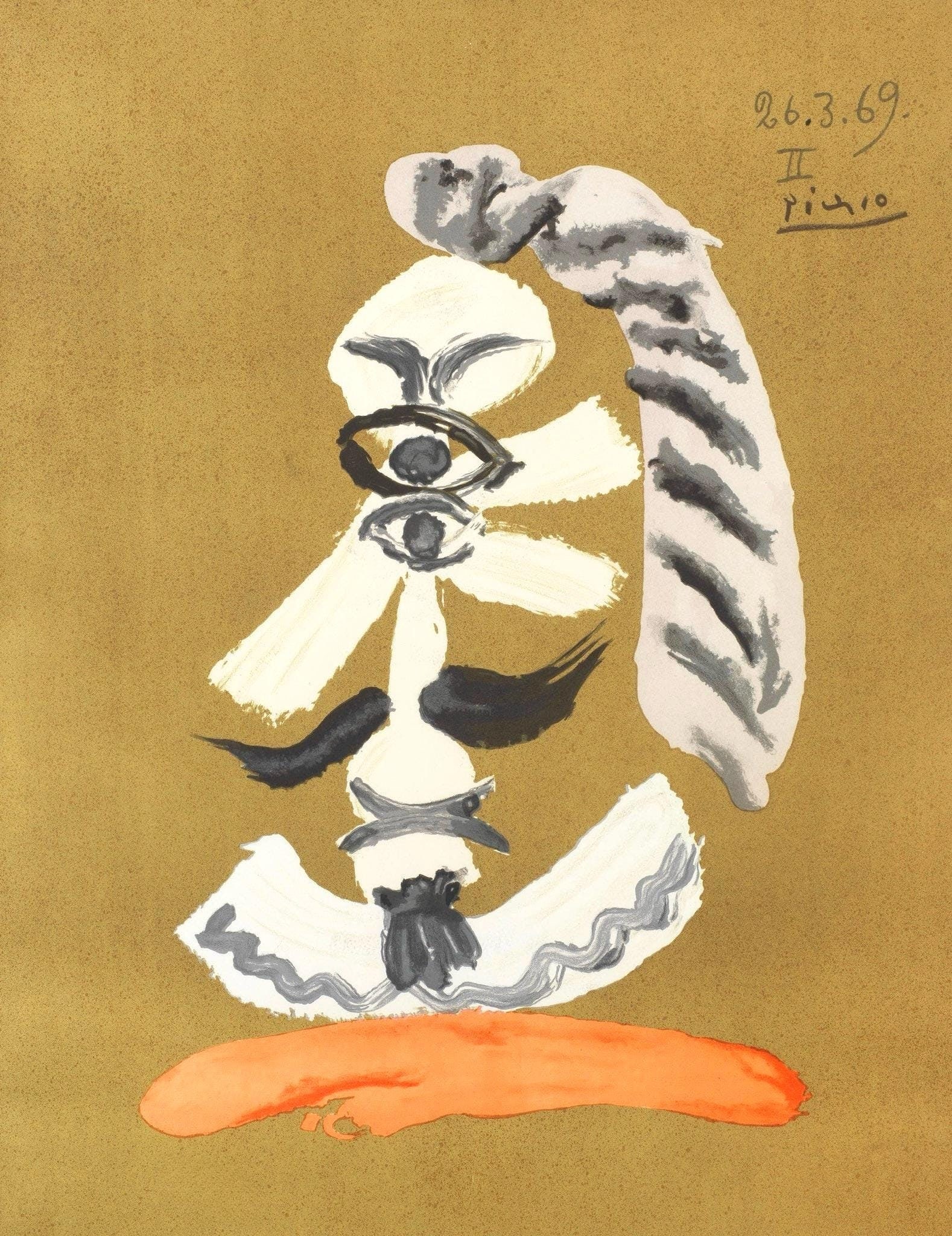 Pablo Picasso, Composition (Orozco 207-261), Vingt-Neuf Portraits Imaginaires, Limited Edition: Lithograph on velin d'Arches paper. Paper size: 25.75 x 19.625 inches. Excellent condition. Signed in the plate, as issued. Notes: From the folio, Picasso, Vingt-Neuf Portraits Imaginaires, 1969.