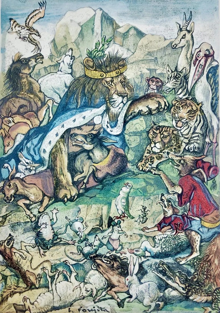 Leonard Tsugouharu Foujita (?? ??), Les animaux malades de la peste, Vingt fables de La: Woodcut on velin d'Arches paper. Paper size: 15 x 10.75 inches. Excellent condition. Inscription: signed in the plate and unnumbered, as issued. Notes: from the folio, Vingt fables de La fontaine, 196