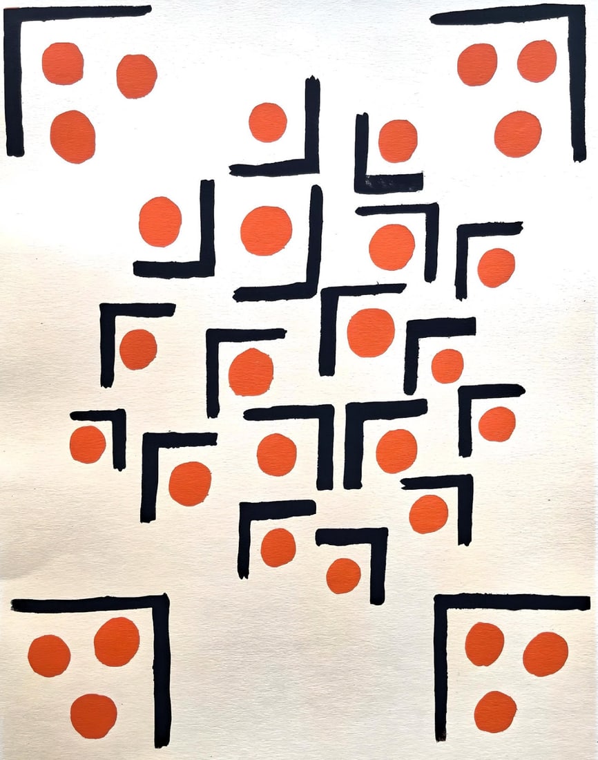 Sonia Delaunay, Planche No. 29, Compositions, couleurs, idees: Sonia Delaunay, Limited Edition: Colour stencil with dense gouache inks on velin paper. Unsigned and unnumbered with printed title-heading designed by Delaunay, upper left, as issued. Paper Size: 12.625 x 9.625 inches. Excellent cond