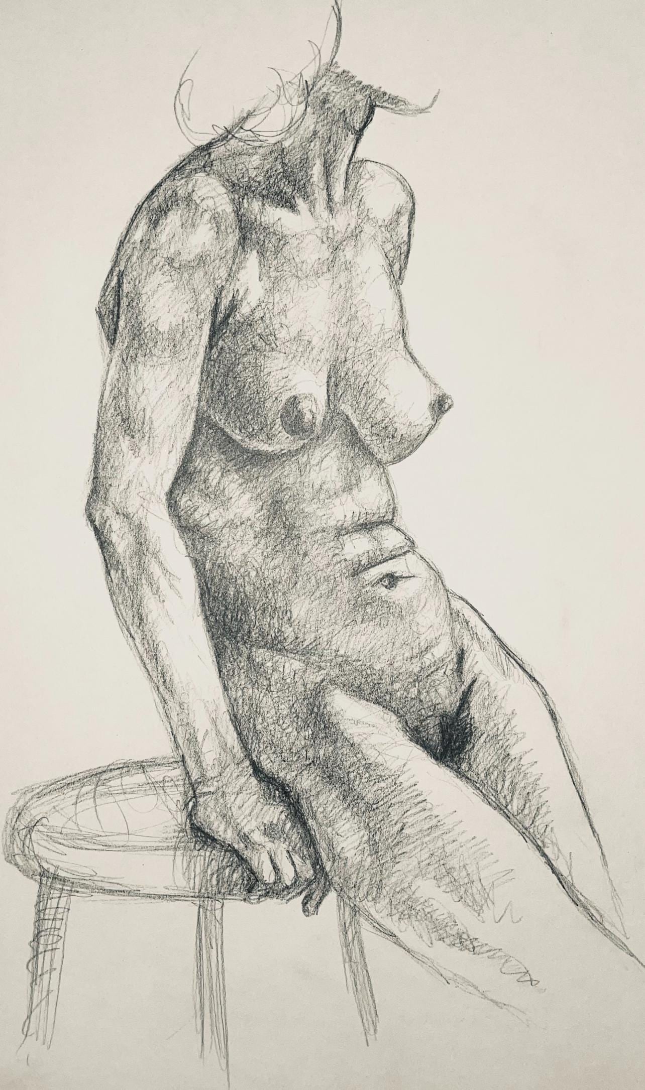 Ian Hornak, Renaissance Female Nude Figure Study, 1963, Original Drawing: Charcoal on velin paper, circa 1963. Paper Size: 23 x 18 inches. Good condition, consistent with age. Inscription: Unsigned, Estate stamped, verso. Provenance: Estate of Ian Hornak, East Hampton. Note