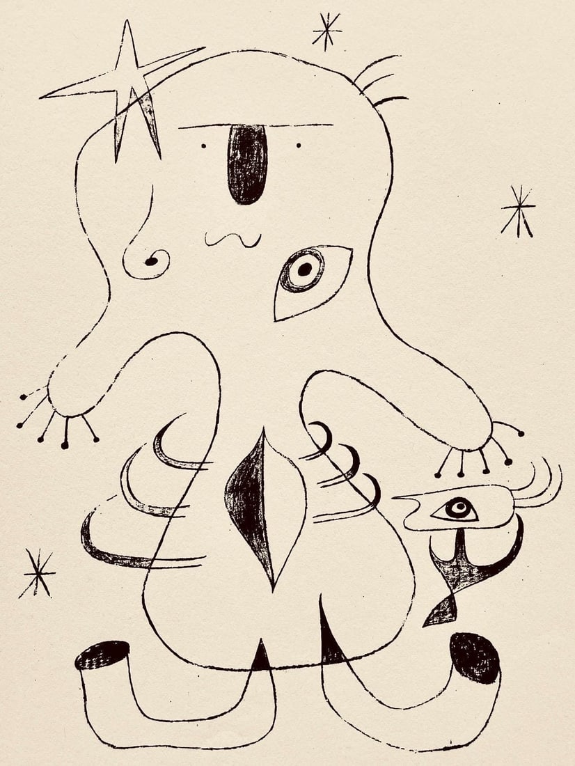 Joan Miro, Composition, The Prints of Joan Miro, Limited Edition Etching: Etching on velin paper. Inscription: Unsigned and unnumbered, as issued. Paper Size: 11 x 8.5 inches. Excellent condition. Notes: From the folio, The Prints of Joan Miro, Fall, 1947. Published by Curt