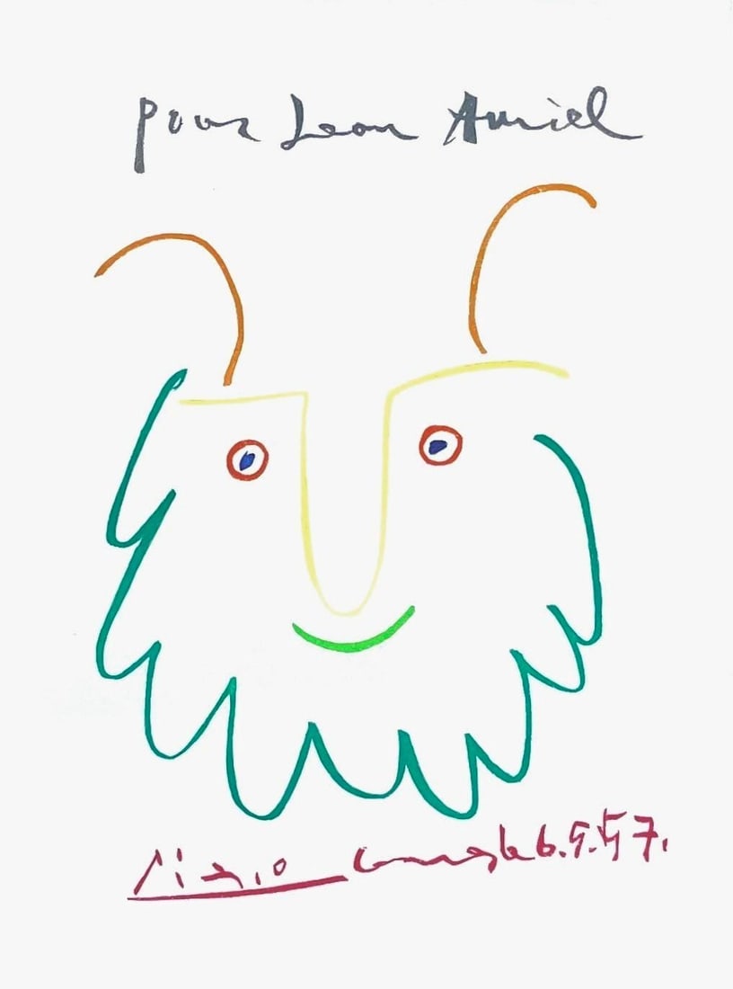 Pablo Picasso, Pour Leon Amiel, Limited Edition Etching: Etching in colors on velin d'Arches paper. Paper Size: 26 x 20 inches; 9.5 x 7 inches, image size. Inscription: Signed in the plate and unnumbered, as issued. Condition: Excellent. Notes: Published an