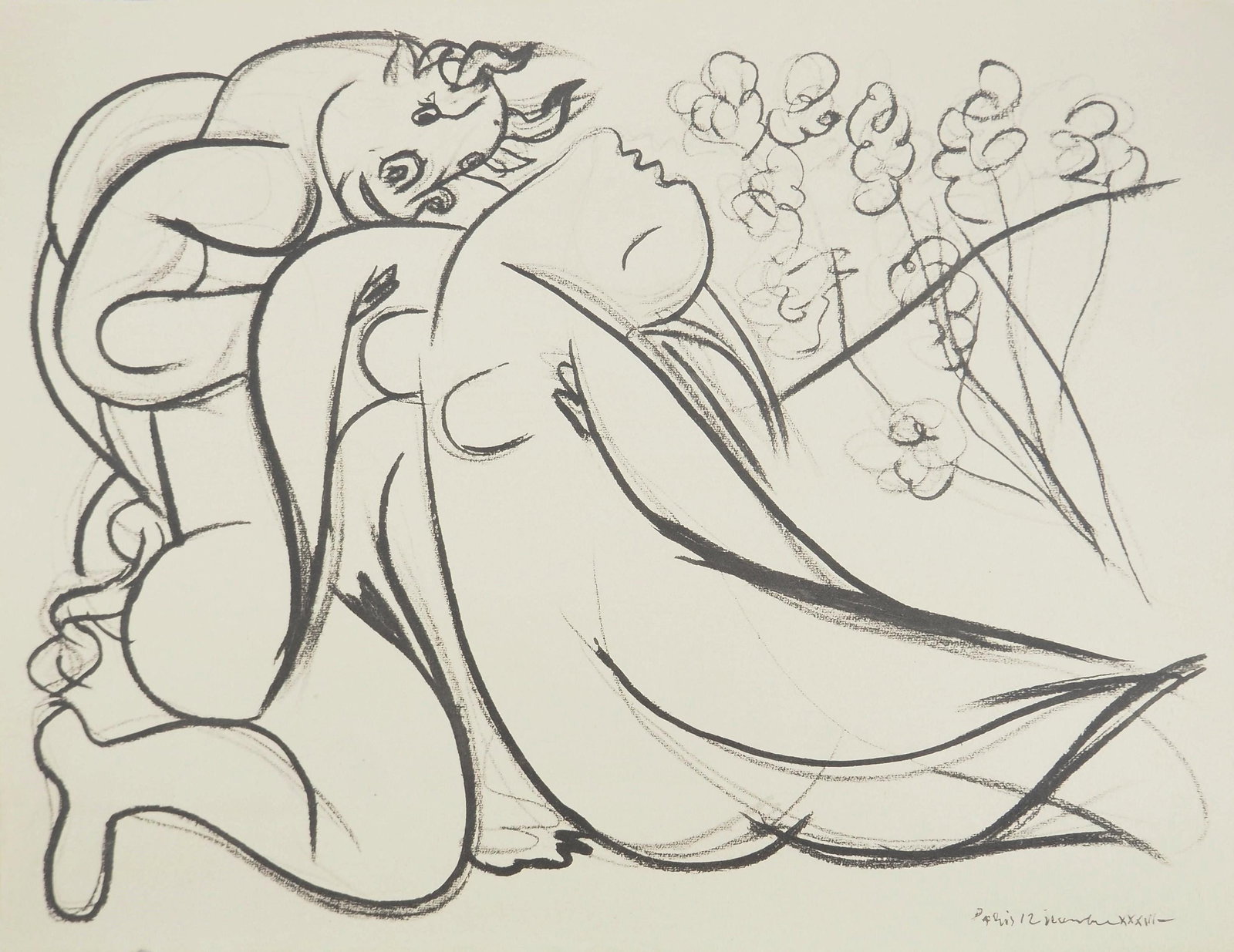 Pablo Picasso, Composition (Orozco 238), Picasso, La flute double, Limited Edition Lithograph: Lithograph and stencil on papier a la cuve du moulin Richard de Bas paper, specialement filigrane pour cette edition. Paper size: 16.5 x 22.5 inches. Excellent condition. Unsigned and unnumbered, as i